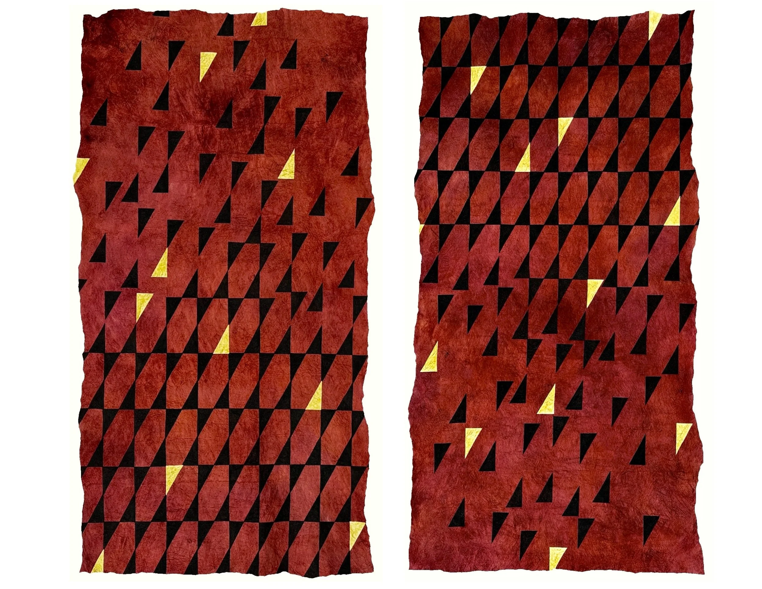 When the Sky and the Earth Cracked Open. Natural plant dyes, wildfire charcoal, and 24k gold leaf on kapa (barkcloth). Each 43 x 22.25 inches. 2025.