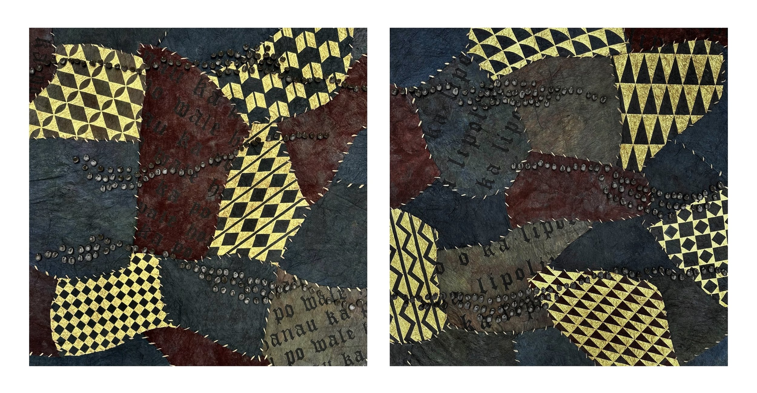 The Night Gives Birth. Plant dyes, 24k gold leaf, ceramic beads, hibiscus cordage, wildfire charcoal, kapa. Each 36 inches H x 36 inches W. 2025.