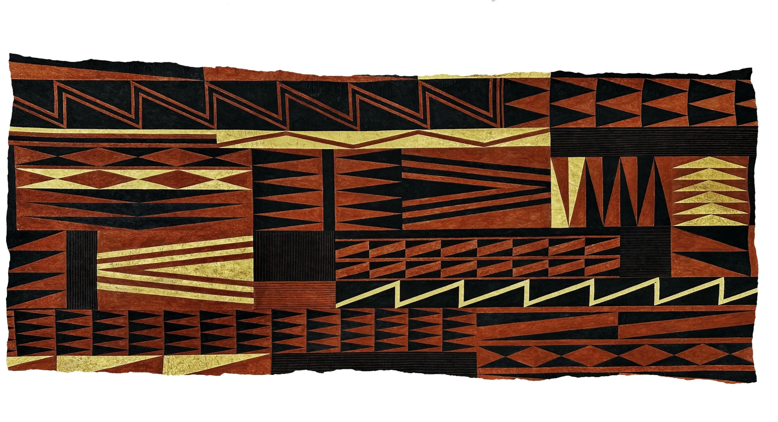 Nehe. Ochre pigment, wildfire charcoal, and 24k gold leaf on kapa. 26 inches x 63 inches. 2025.