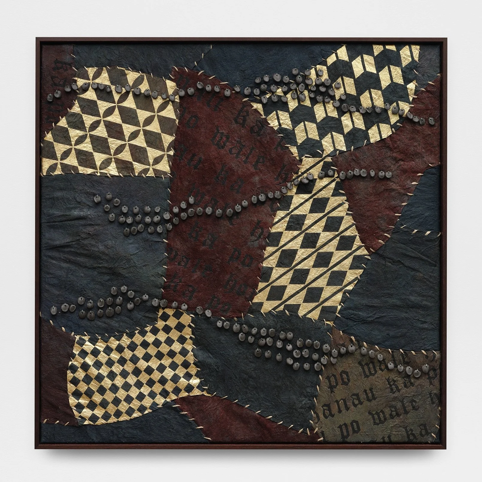 The Night Gives Birth I. Natural plant dyes, wildfire charcoal, 24k gold leaf, hibiscus cordage, and ceramic beads on kapa. 36 inches H x 36 inches W. 2025.