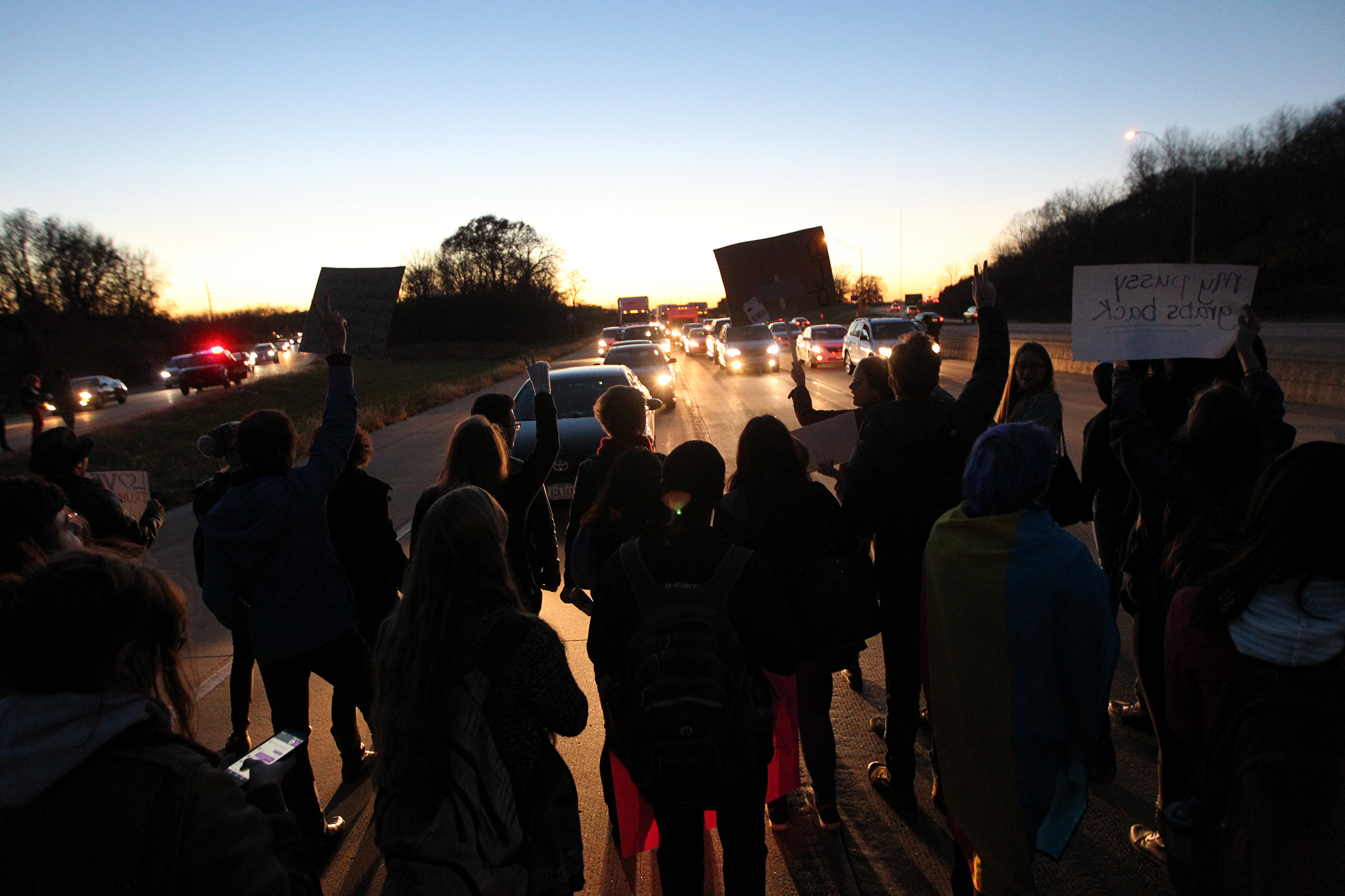 Protesters block traffic on Interstate 80 as a result of the 2016 presidential election.