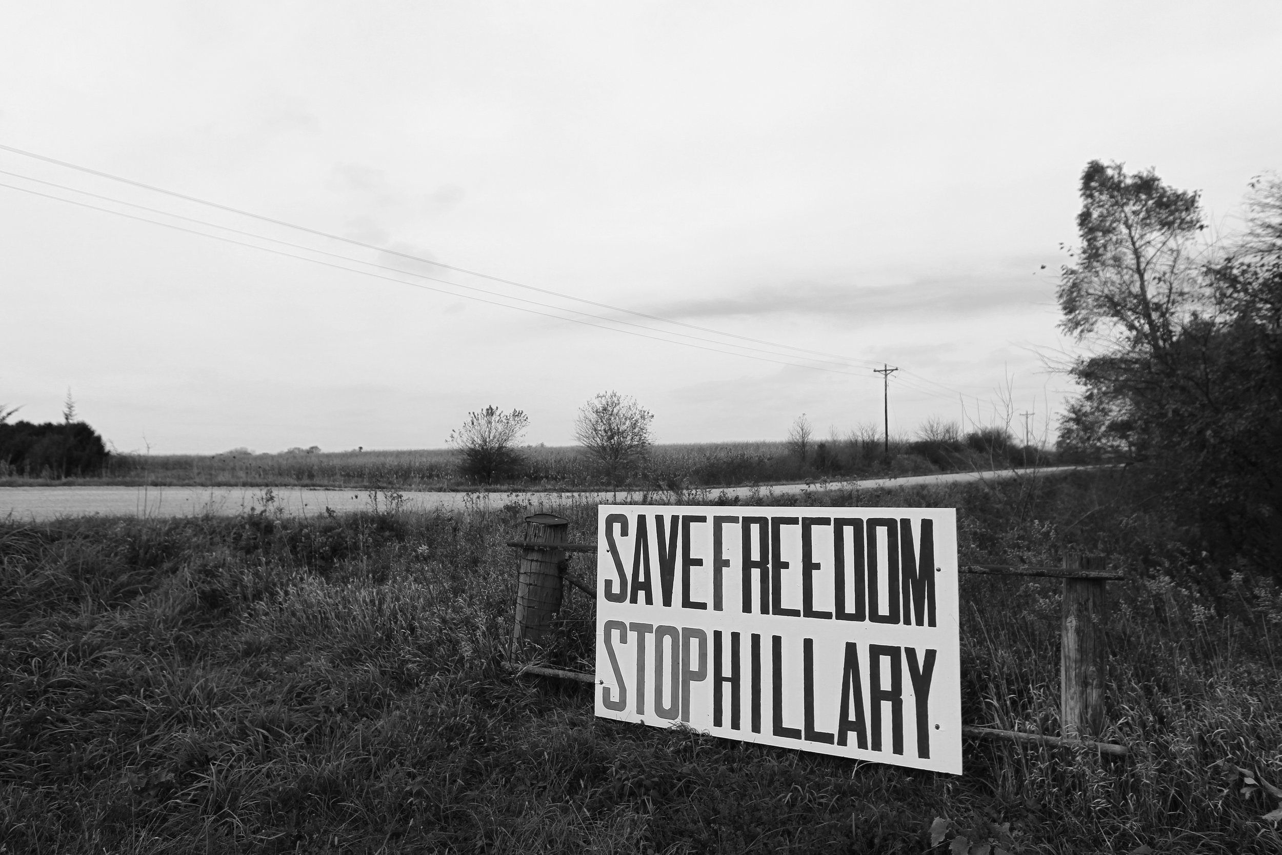 A large anti-Hillary Clinton sign is pictured in rural Tipton.