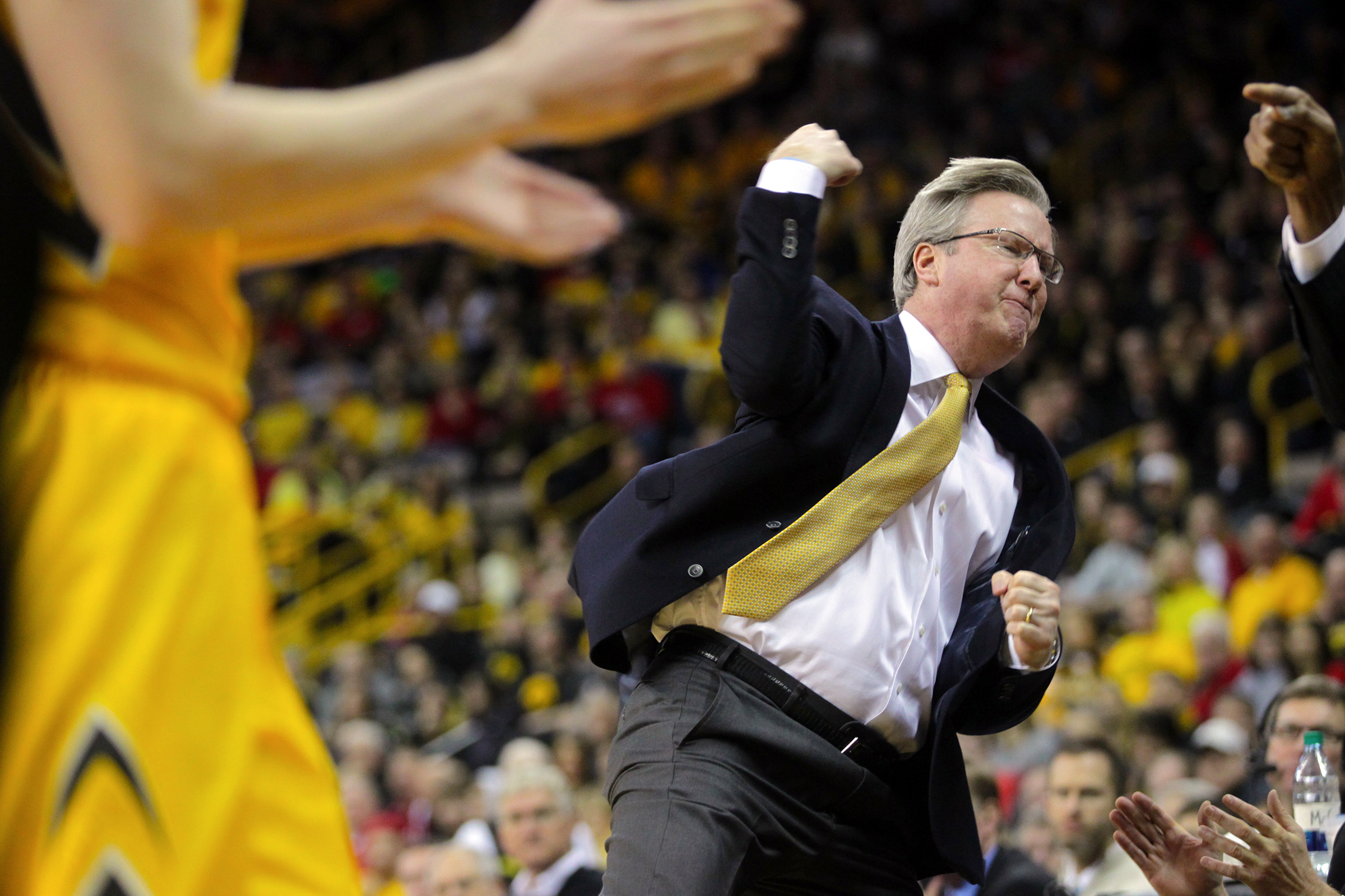  Iowa head coach Fran McCaffery reacts as an out of bounds call goes in favor of Wisconsin during their game at Carver-Hawkeye Arena. 