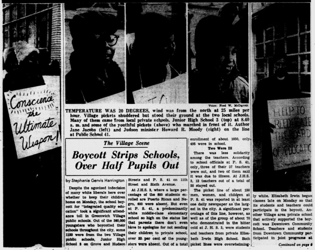 "Author Jane Jacobs (left) and Judson minister Howard R. Moody (right) on the line at Public School 41." Jacobs protested the segregation of her local public school through the proposed move of African-American children to another district. Stephanie Gervis Harrington, Village Voice .