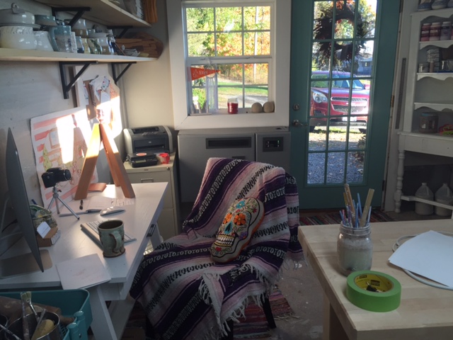 My desk / shipping station is finally in my studio where it belongs. We used to use a spare bedroom upstairs for our office / packing station. Our house guests would have to deal with P&W boxes when they came to stay. Now it all fits perfectly in its little studio corner and makes my life much easier. 