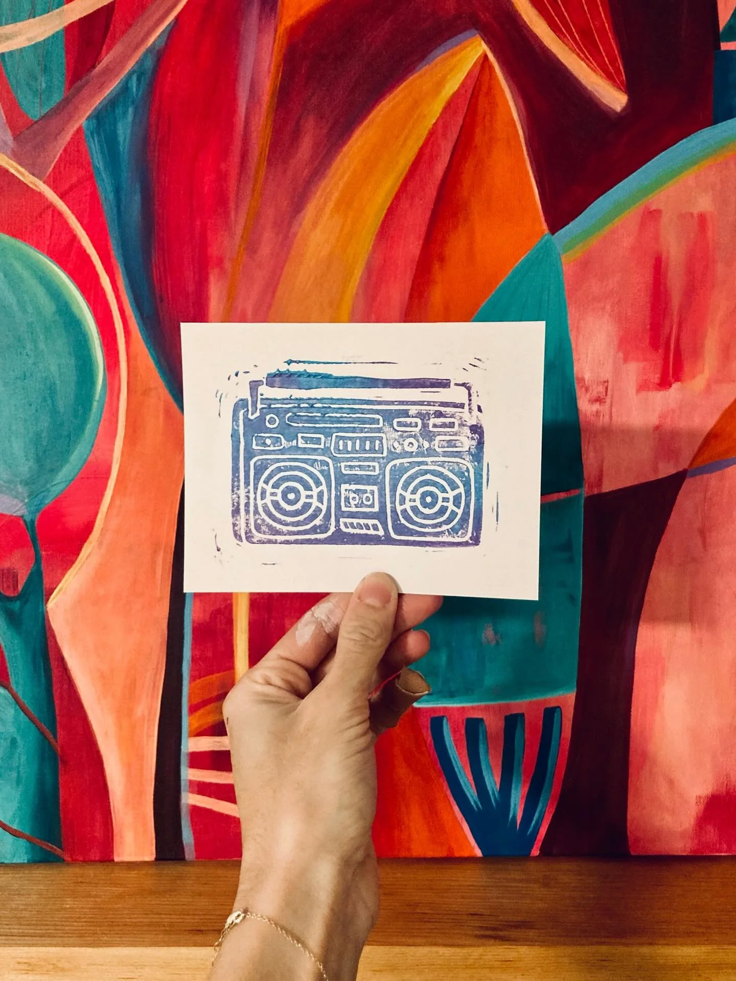 Block printing boomboxes blaring Bad Bunny&rsquo;s beats is my version of &lsquo;she sells seashells by the seashore&rsquo; 🎶🪩💃🏽🐰📻🎵
.
.
.
.
.
#blockprint #badbunny #boombox