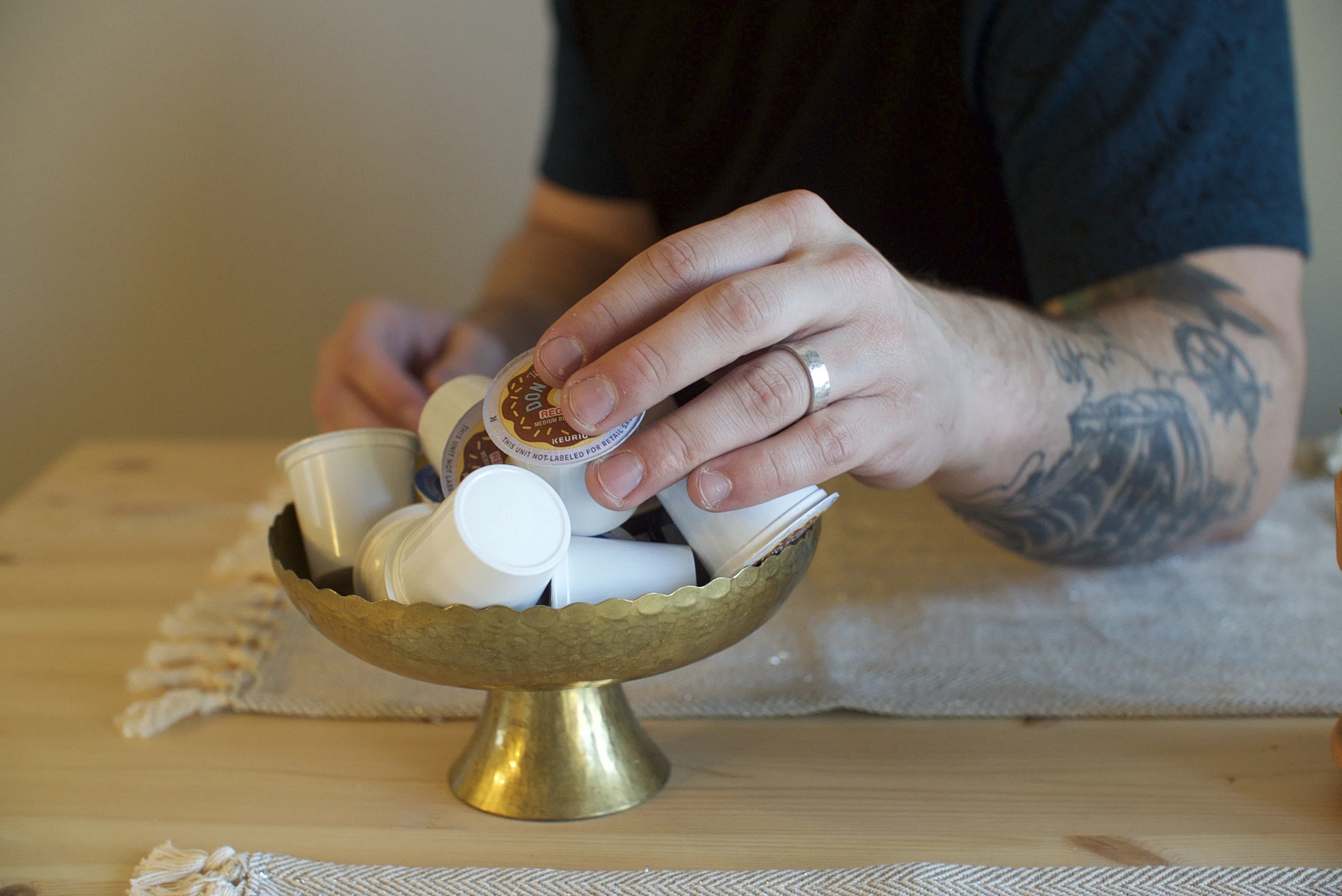 Anything can be a container. It's a fact. We found this gold bowl for $2 and it's perfect for K-Cups.