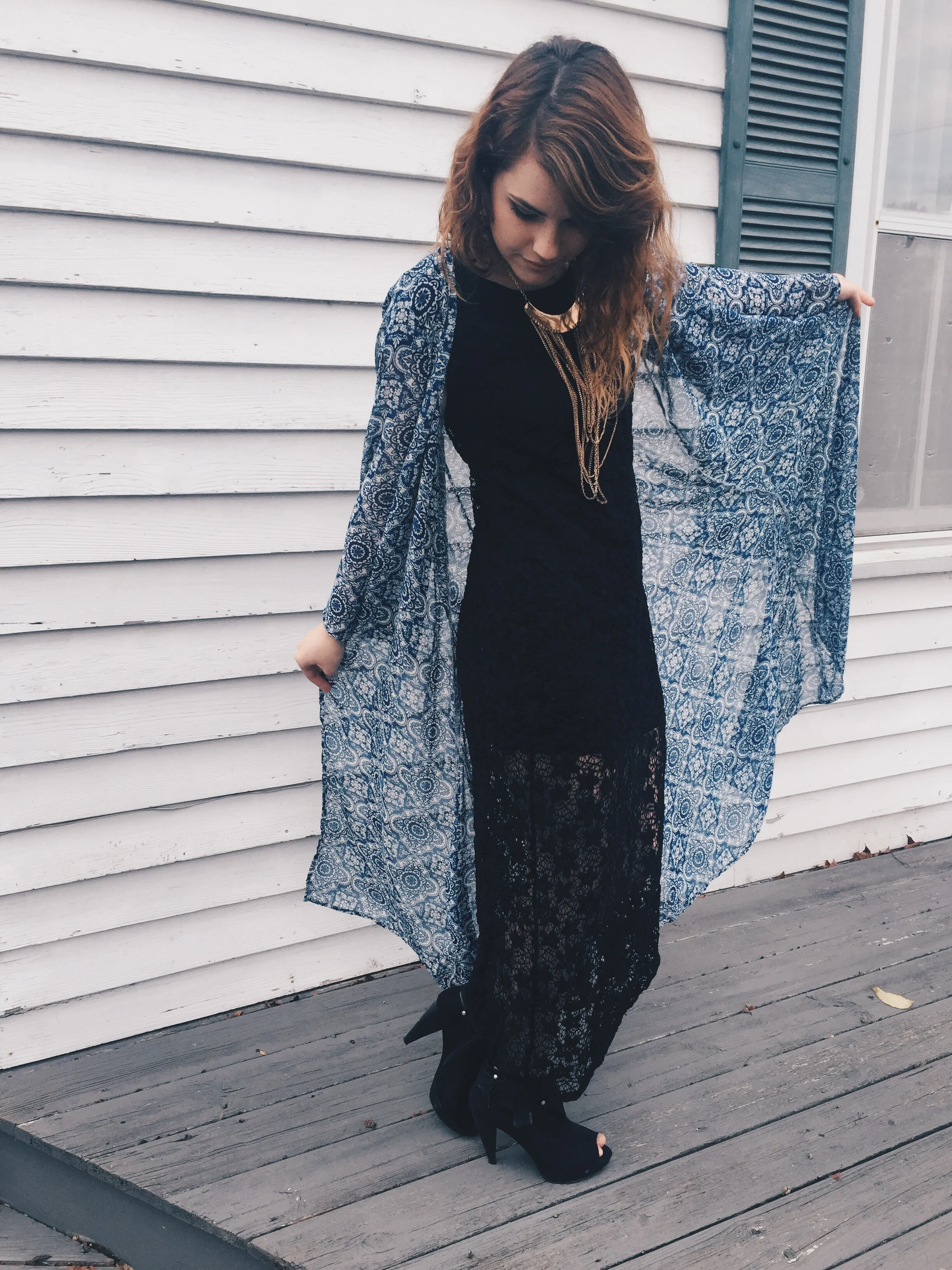 dress: AmVet thrift store $7 / kimono: Rue 21 sale $7 / shoes: Goodwill