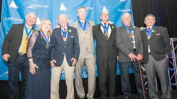 U.S. Ski and Snowboard Hall of Fame class of 2015 including (from left) Lessing Stern (Edgar Stern), Genia Fuller, Harry Kaiser, Chris Klug, Bob Salerno, Jim Martinson and David Ingemie. (USSA)