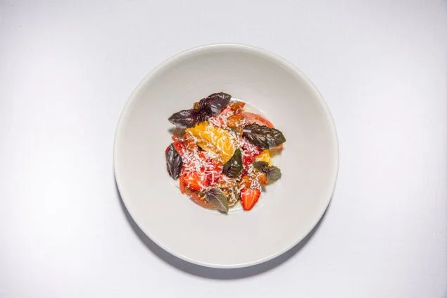 Tomato salad with strawberries and almonds. EMP (Eleven Madison Park) Summer House
