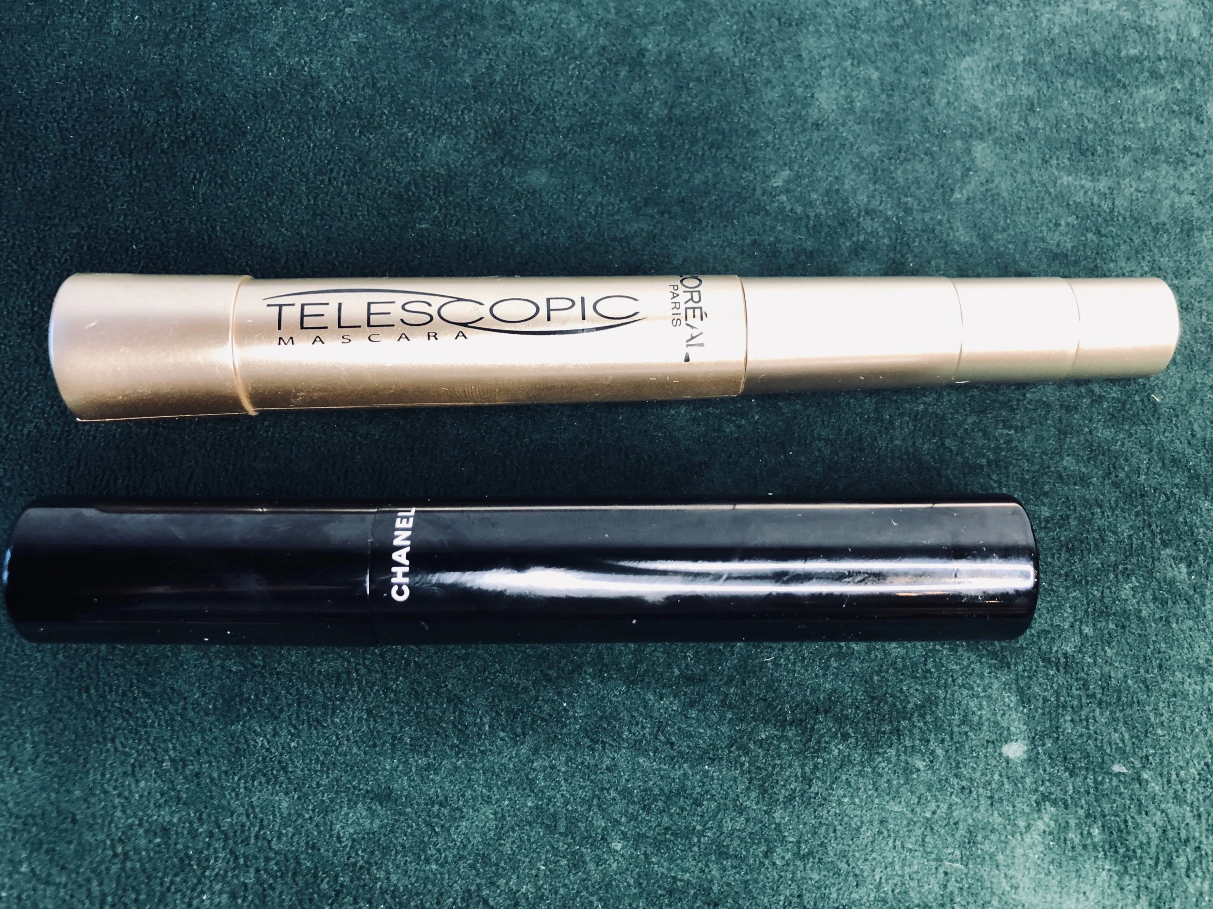 L’Oréal telescopic (blackest black) & Chanel. Gold tube: length, clean, lighter looking and more slender separation. Black tube: boom! Fullness, sexy, pop, “are those your real lashes” mascara!