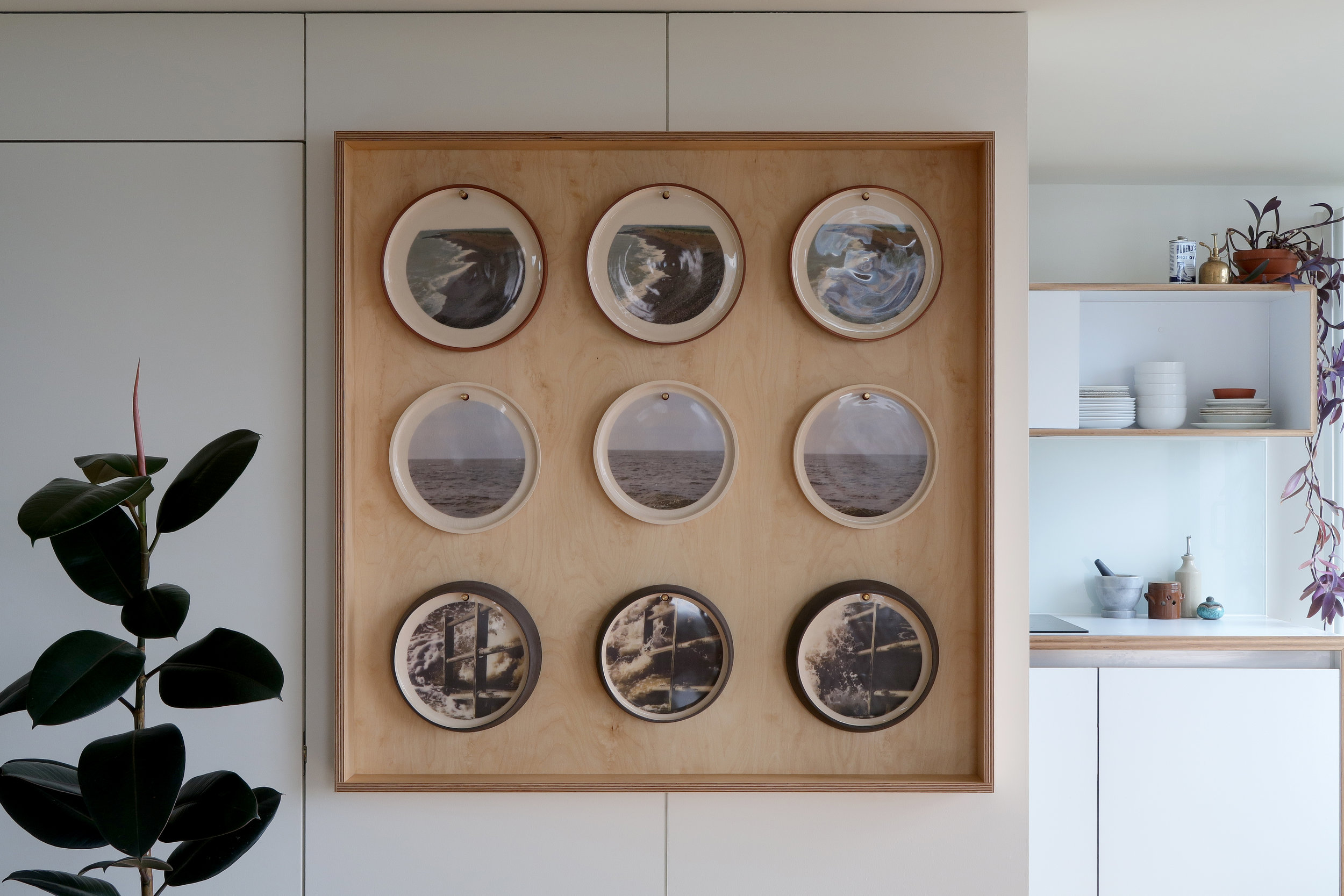  &nbsp;A three second series. Thrown and burnished terracotta, stoneware and black clays, decorated with slip, glaze and digital film stills. Custom display case in waxed birch with brass and leather detail pegs. 