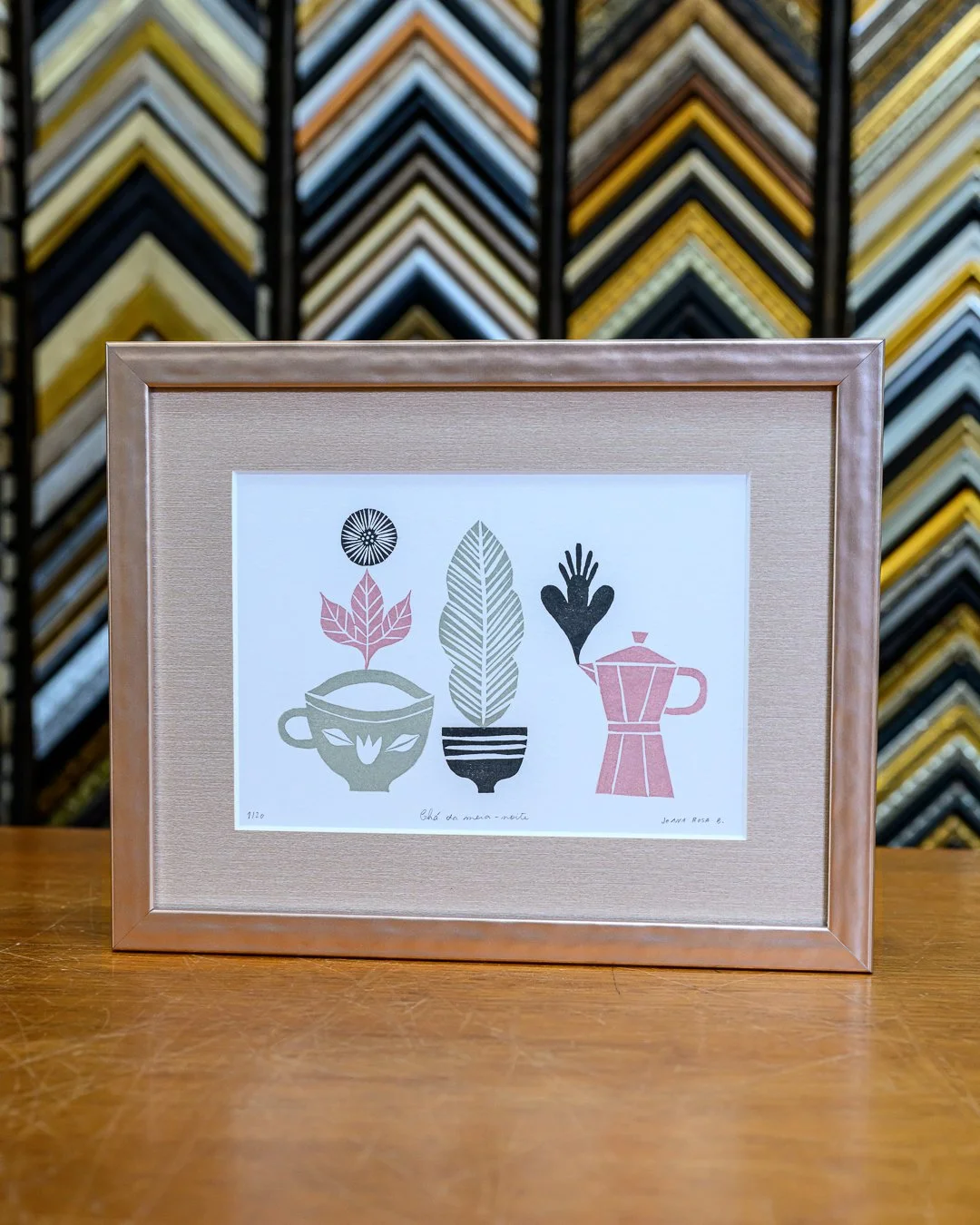 whimsical art coffee cup in petite frame with linen mat-.jpg