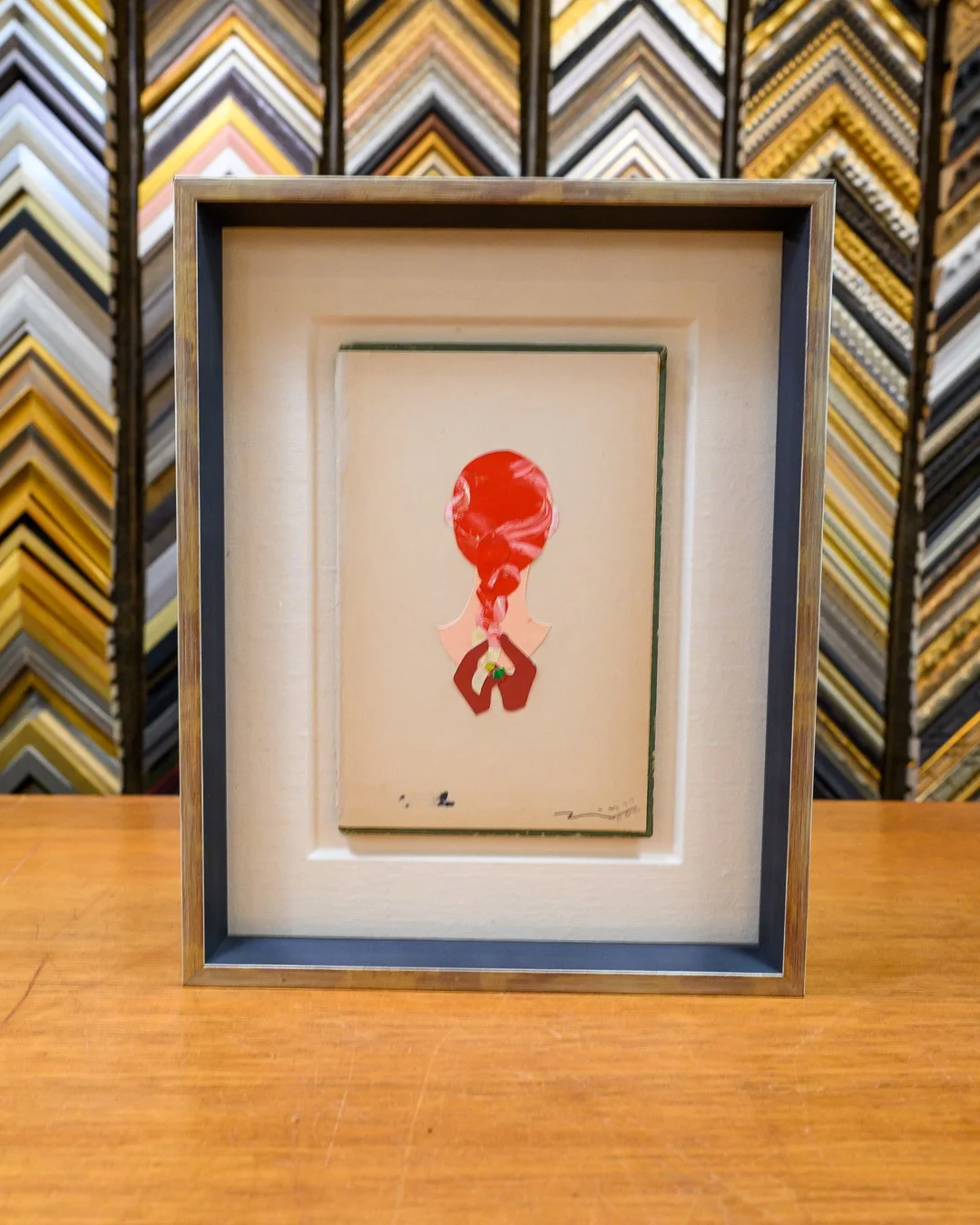 Framed collage artwork by Tadahiro Gunji with layered paper elements, sink-float fabric mat, spacers, and a vintage-style charcoal and silver frame