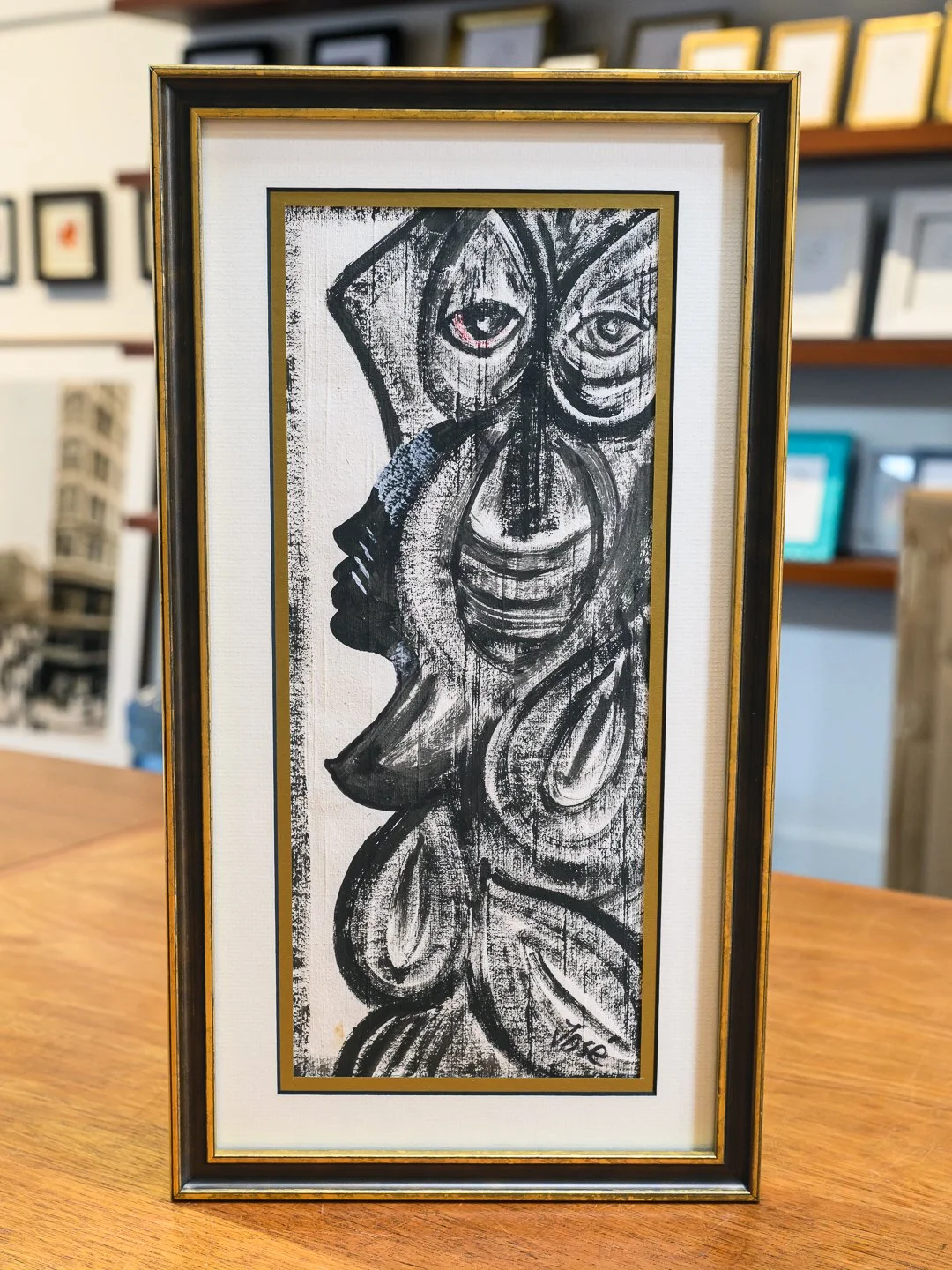 Bold abstract expressionist painting framed with double mats and a vintage gold frame using museum-quality custom framing in San Francisco