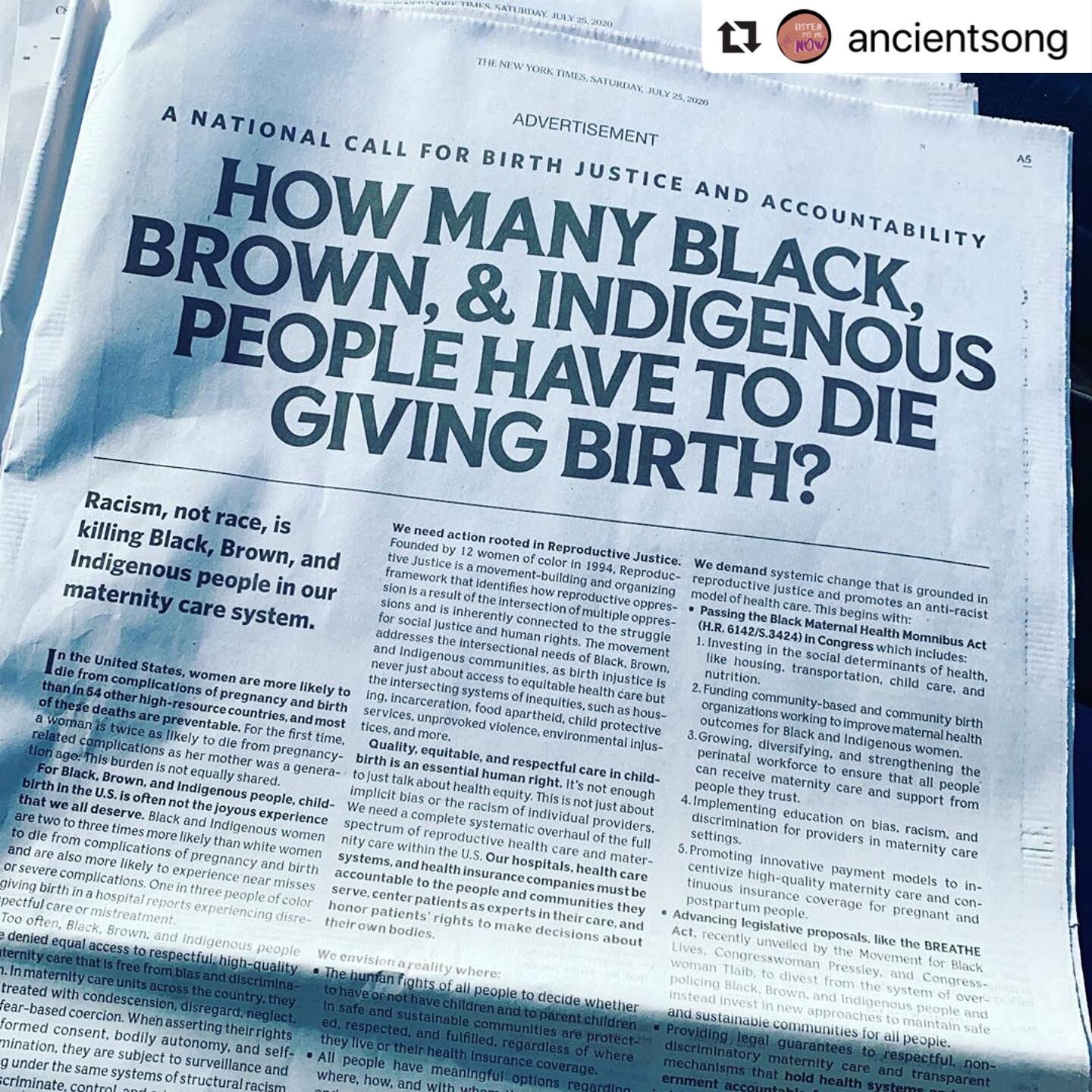 #Repost @ancientsong with @make_repost
・・・
In this nation Black, Brown , and Indigenous birthing people have endured the pain of racism and oppression that seeks to destroy our spirit. No more!  Go get today&rsquo;s NY Times! This is a national call 