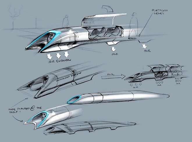 Design sketches of Elon Musk's proposed Hyperloop high-speed tube transport system. (Image: SpaceX)