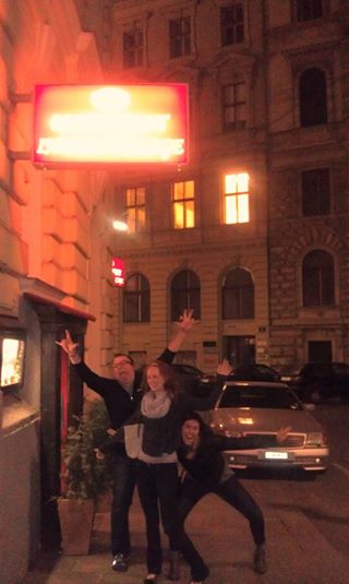Outside the restaurant with my traveling companions. 