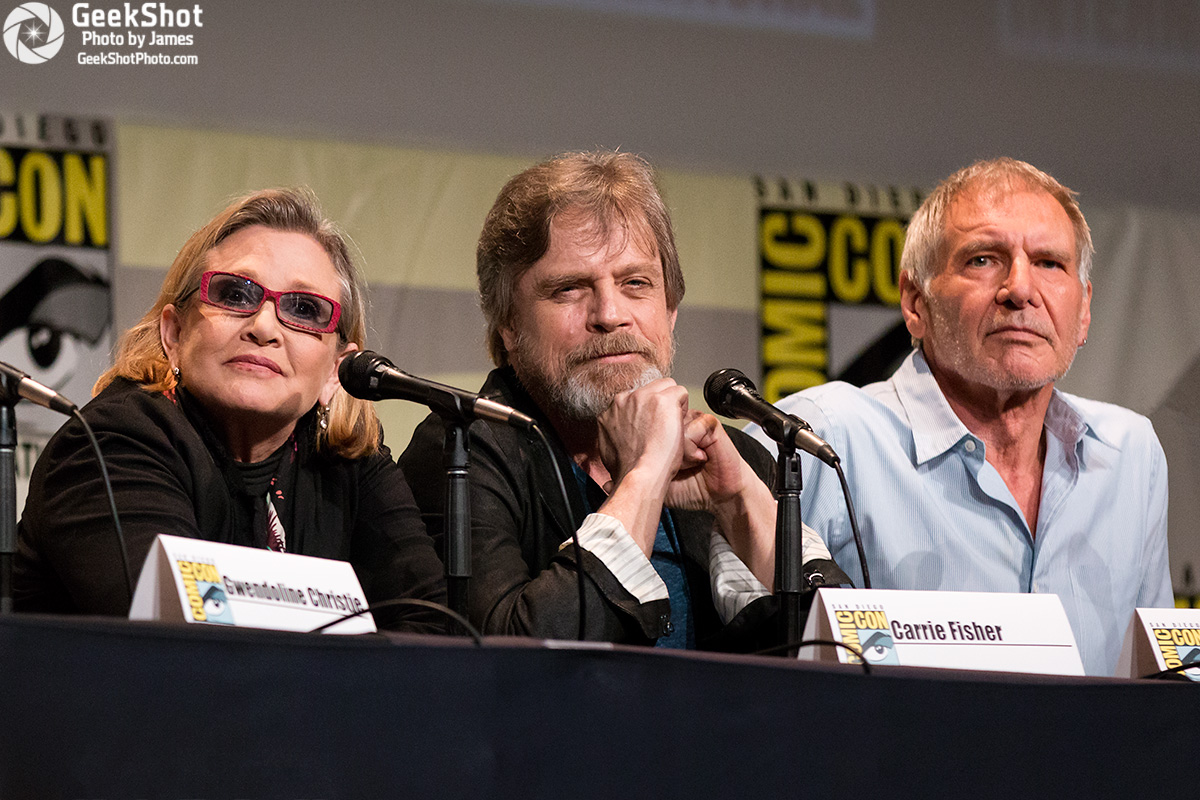 Carrie Fisher, Mark Hamill, and Harrison Ford at San Diego Comic-con in 2015.