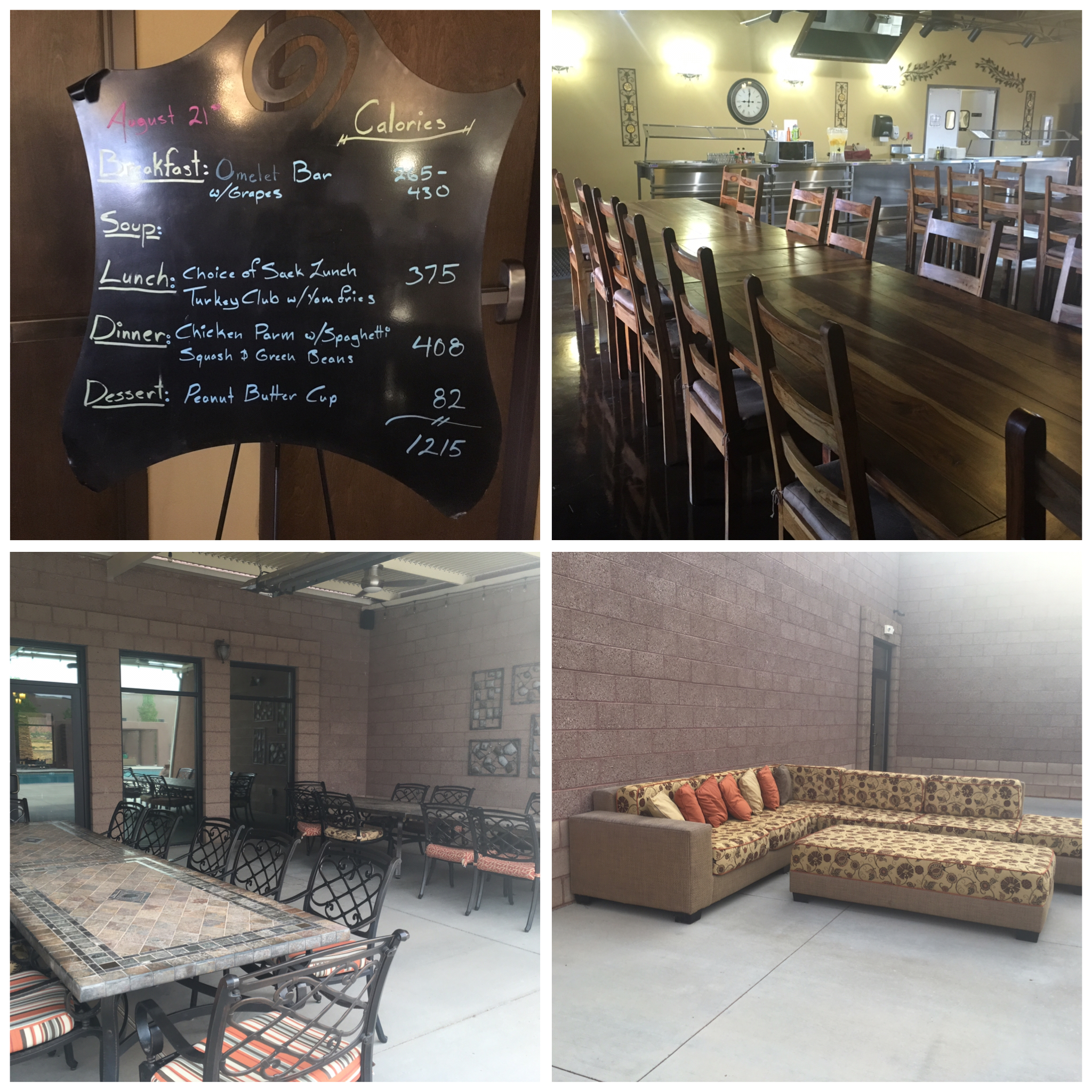 The dining area where we can eat inside or dine al fresco even on the couch. Everyday there is a menu board with foods of the day as well as calorie count. And we have weekly cooking classes so I learn how to make all the delicious meals.