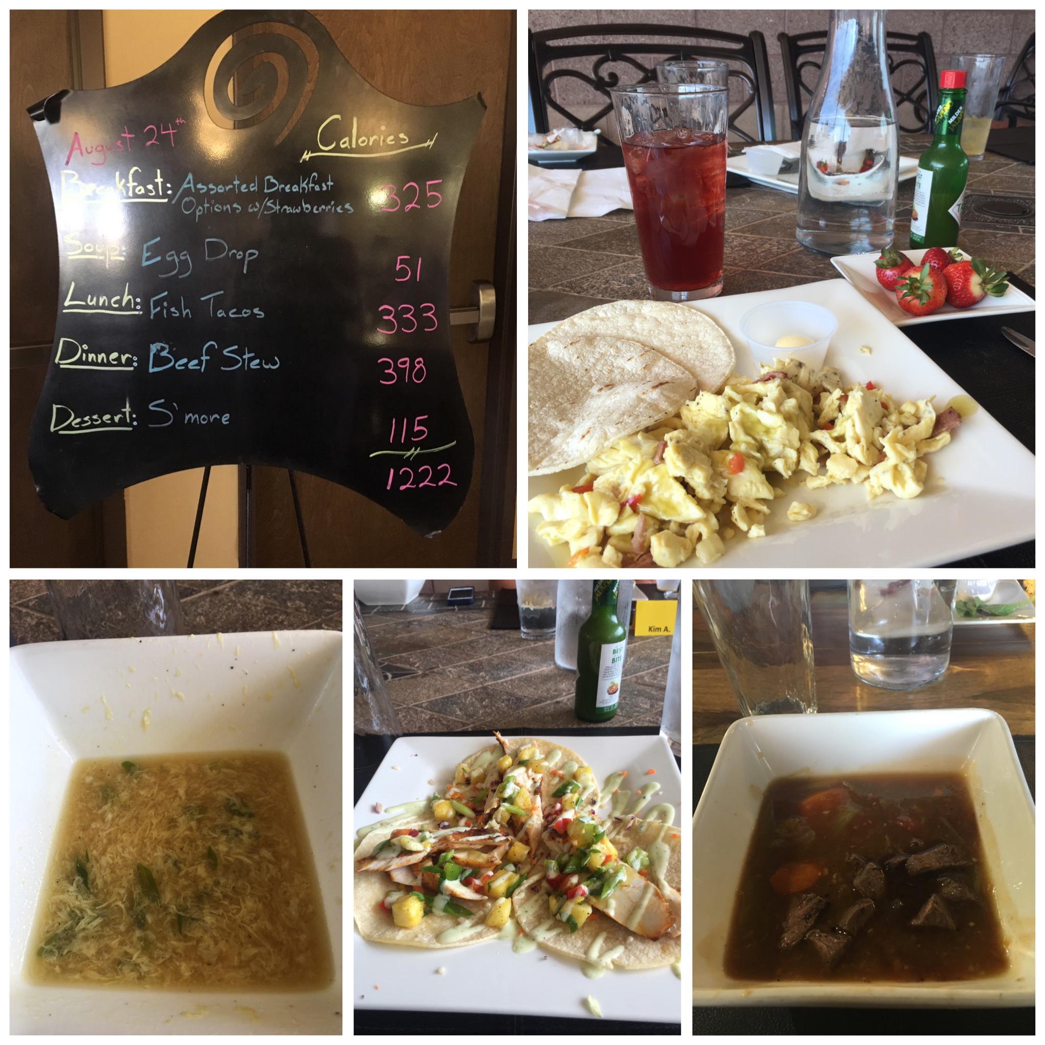 Breakfast: My standard egg scramble with corn tortillas. Lunch Egg drop soup and yummy fish tacos and dinner: salad (not pictured) and stew. YUM