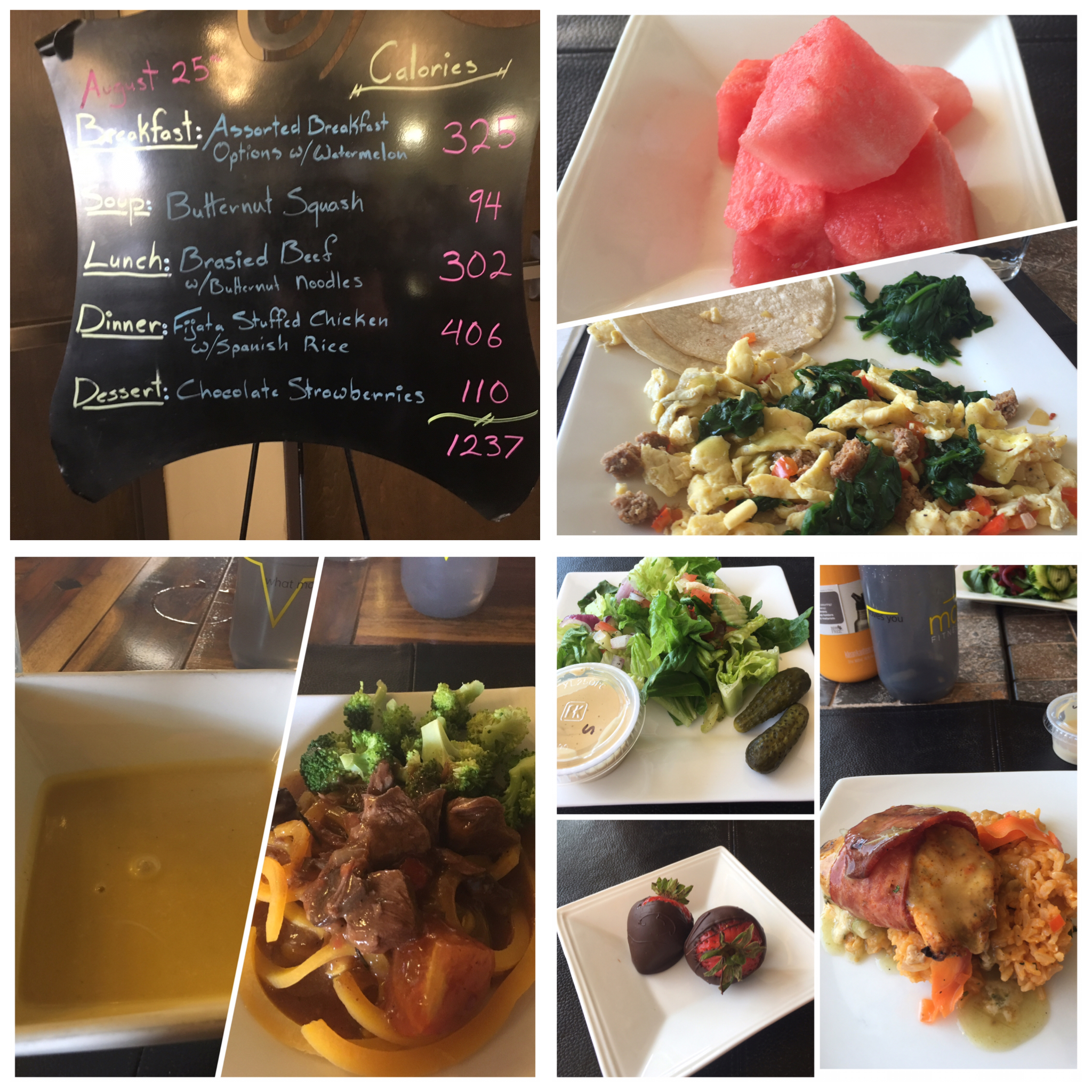Breakfast: standard egg scramble and tortillas, Lunch: A cream and filling Butternut and squash soup, with Braised Beef over Butternut noodles, finished with Dinner: salad from the salad bar (100 calories), stuffed chicken fajita wrapped in turkey bacon, with chocolate covered strawberries for dessert.