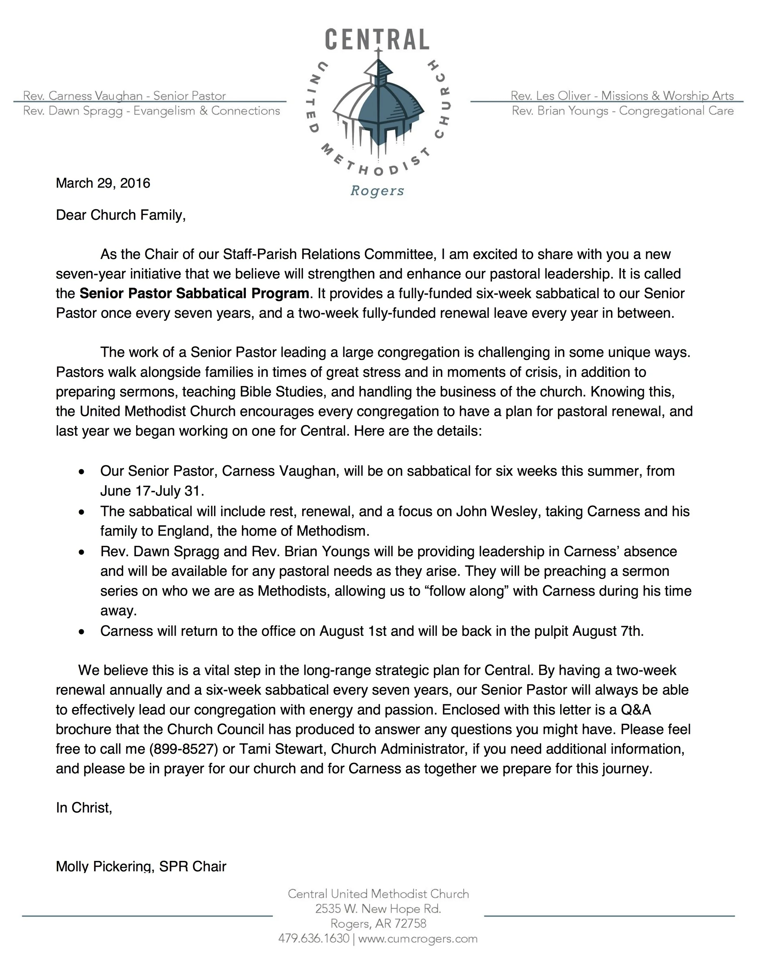 Sabbatical Congregational Letter from Staff Parish Relations