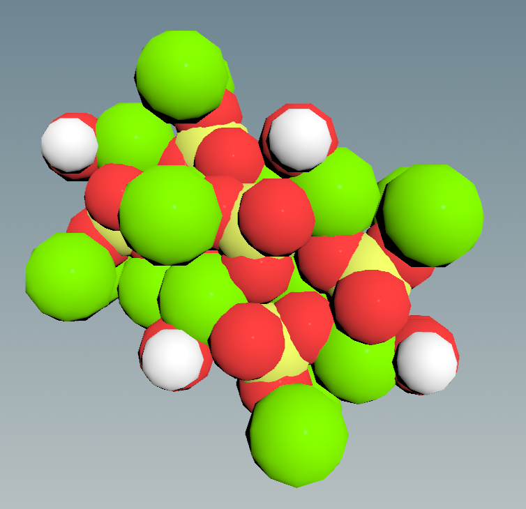 A single hydroxyapatite unit: Ca in green, PO4 in yellow/red, and OH in red/white