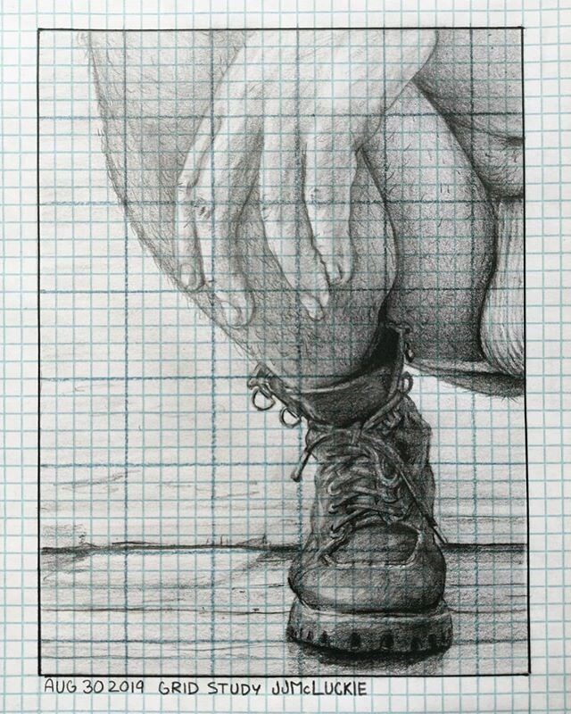 Small Study of a Big Boot 👢📐
For practice reading gridded information 
5.5&quot; x 7.5&quot;
4b and 2b pencils
.
.
.
.
#jjmcluckie #drawing #sketchbook #study #grid #griddrawing #drawingpractice #pencil #graphite #realism #boot #queerart #leather #