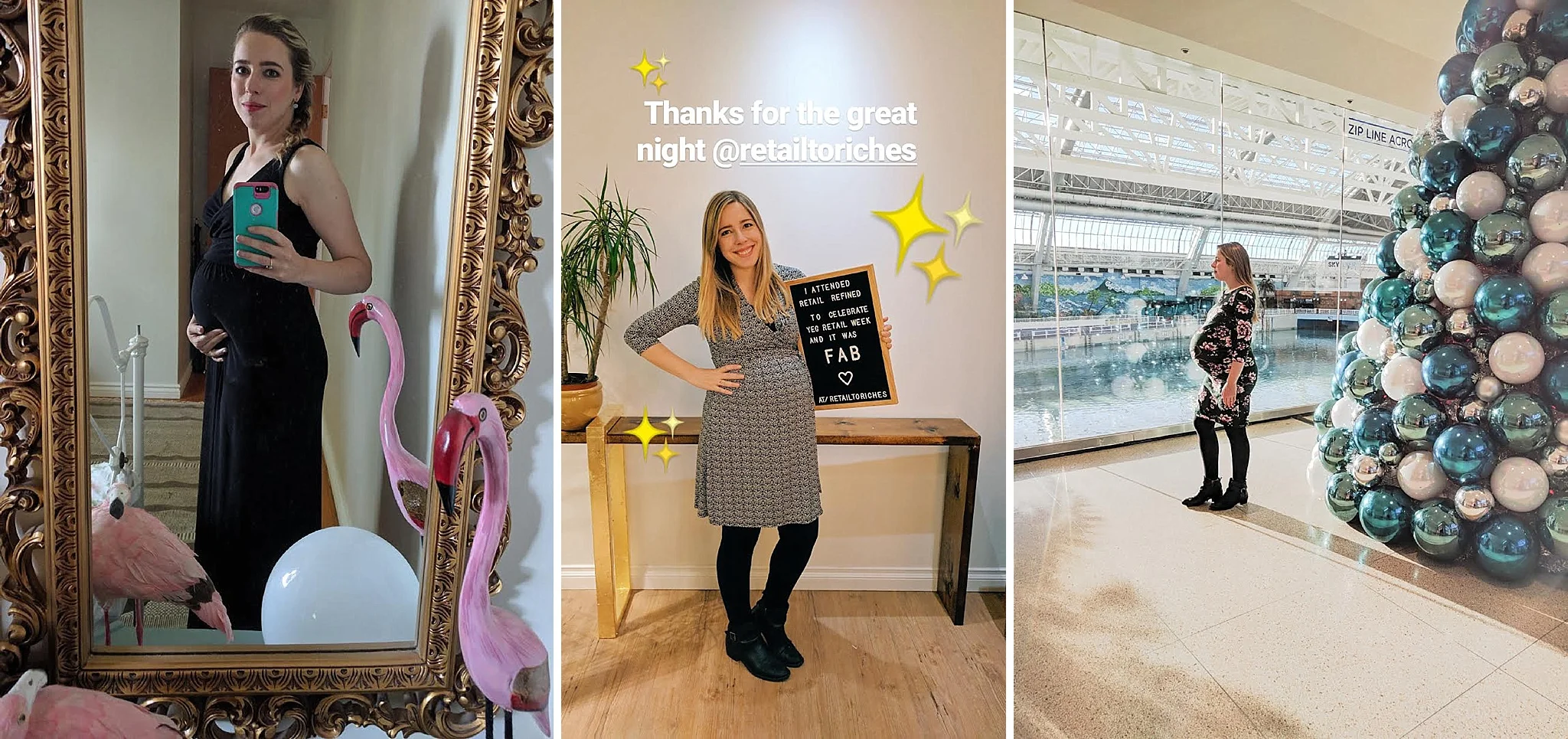 Photos from throughout: 20 weeks, 30 weeks and 39 weeks. I loved working, socializing, staying active and engaged as I grew bigger by the day.