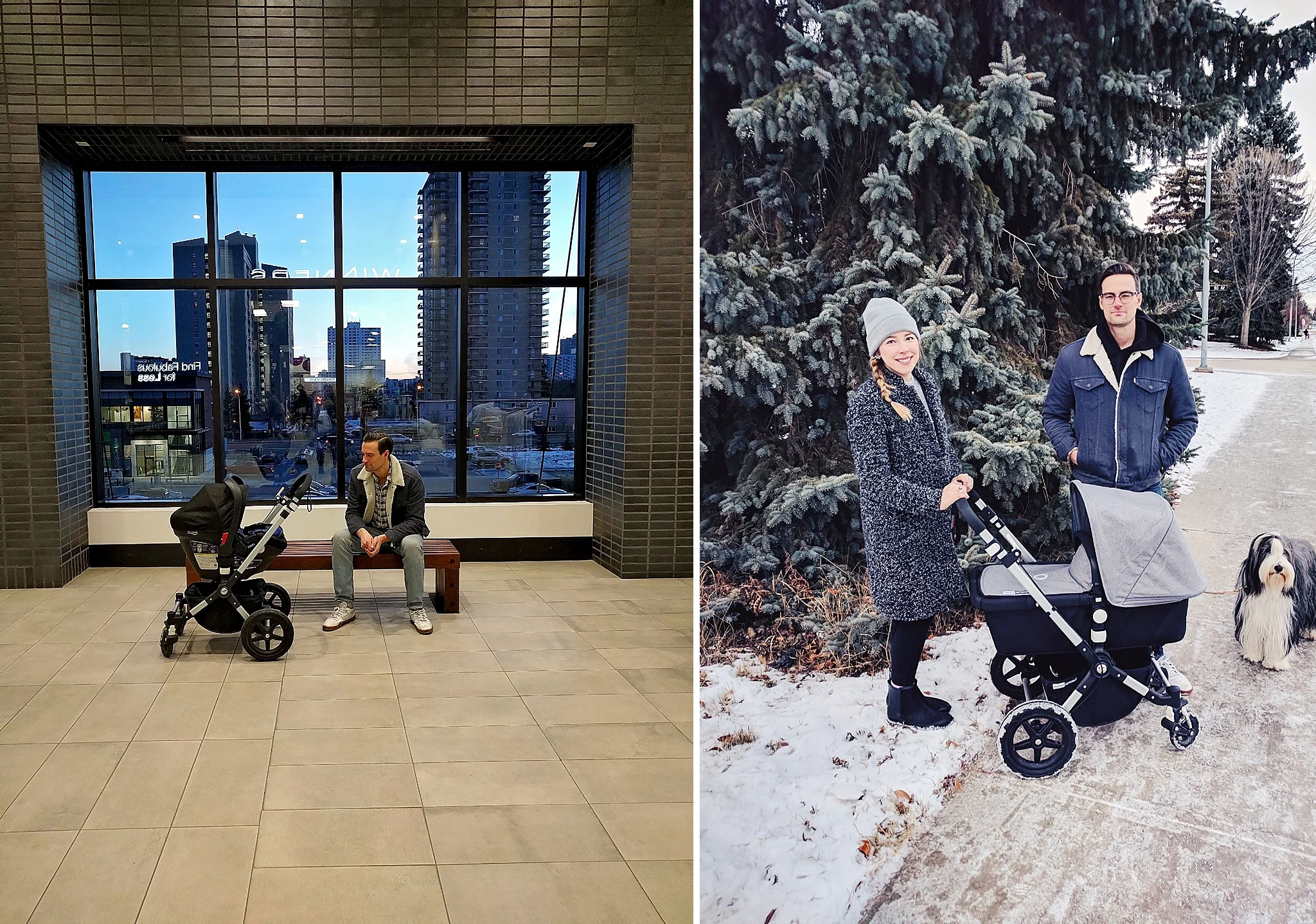 Left: the night when we attempted to leave the house and do errands too soon (maybe four days after Felix's birth?) and I almost fainted. Right: several weeks later, walking as a family when I was feeling so much better.