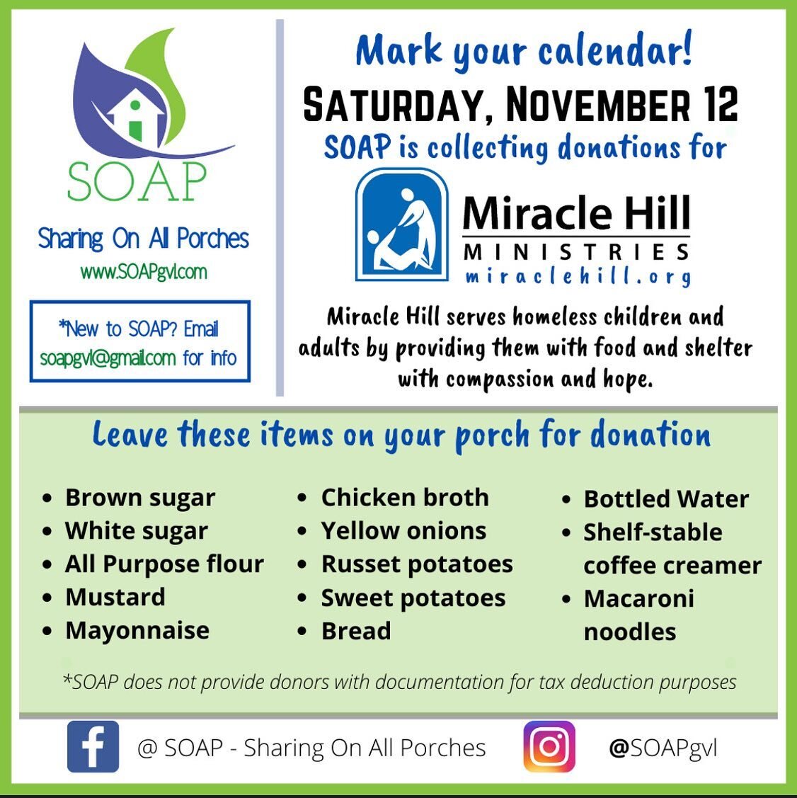 Miracle Hill&rsquo;s Annual Turkey Fry 
&bull;&bull;&bull; 
We will be collecting the below items for the annual Turkey Fry.  If you would like to drop anything off to us or anything or happy to pick up items! We are going to make a Costco run!! @soa