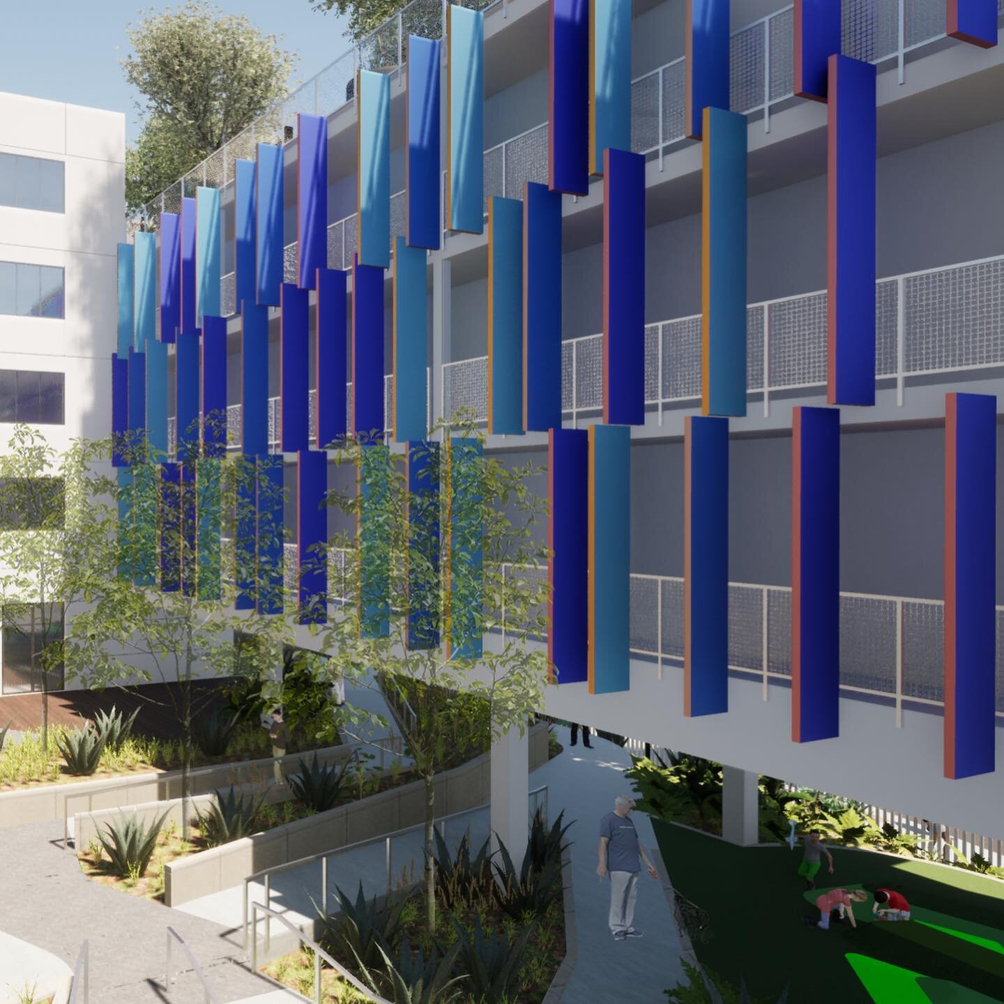 Check out the courtyard at 619 Westlake! Flip to see the fins change colors when viewed from different directions. This affordable housing project will provide 78 units for homeless families and individuals. @metahousingcorp @superjacent