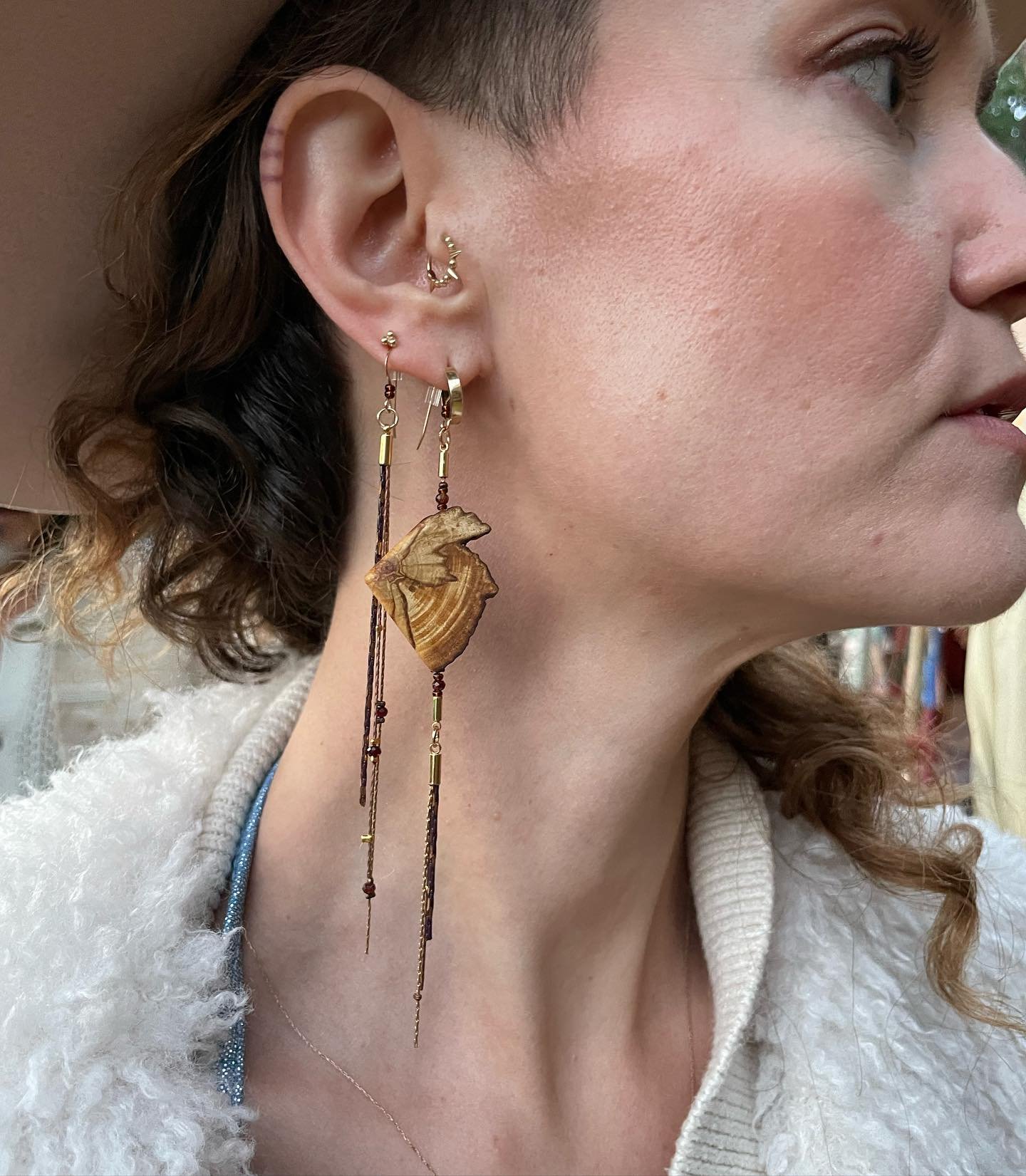 Palo Santo &amp; Garnet
Double Earring Set
&bull;&lt;&lt;&gt;&gt;&bull;
One of my favorites!

The pairs are able to be worn in a myriad of ways, you could match with a friend, or have both sets on in double pierced ears!

&bull;&lt;&gt;&bull;&lt;&lt;