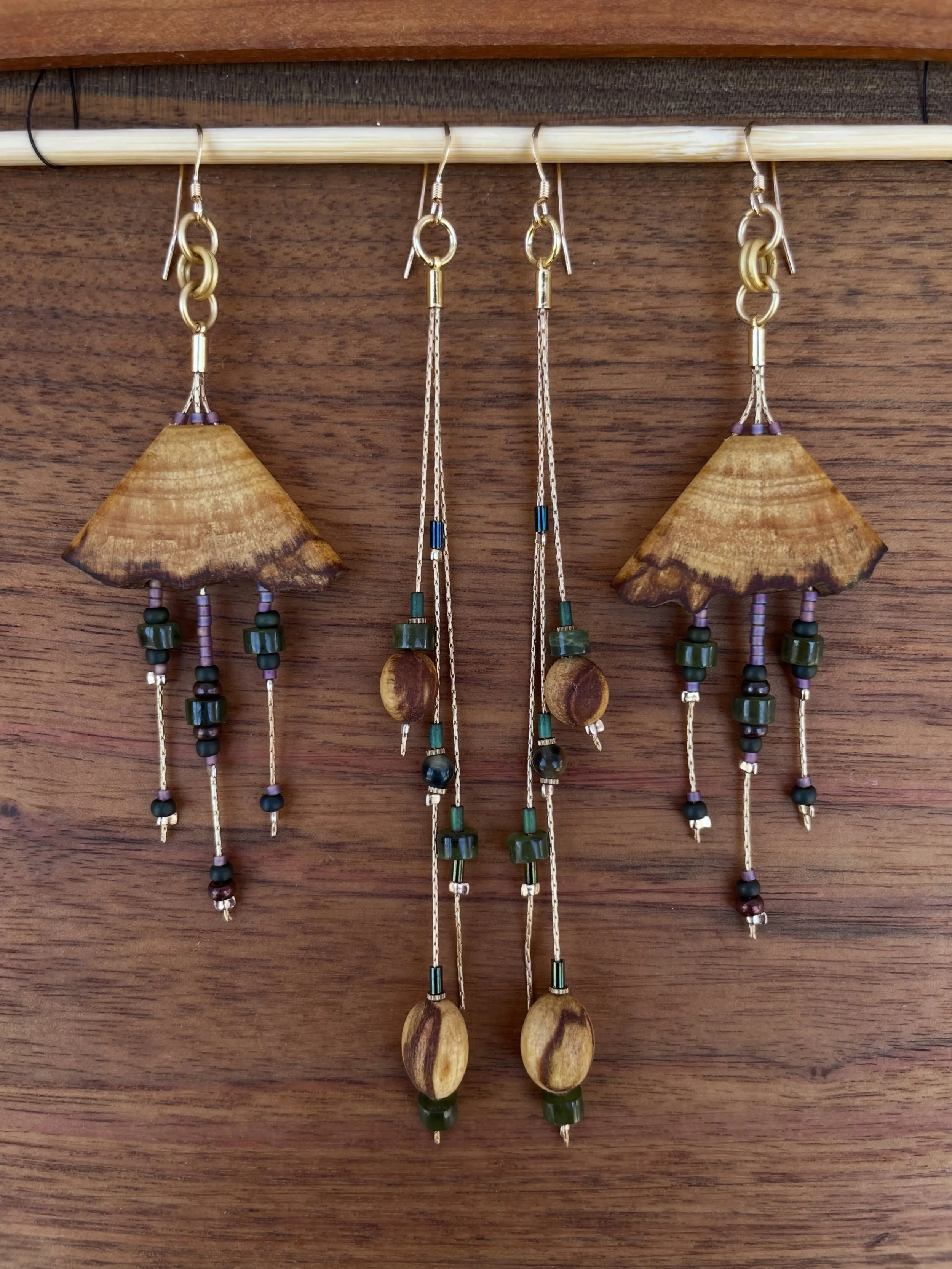 ✨🐉
I absolutely love the combination 
of Jade + Palo Santo

*swoon*

&bull; Outer Pair &bull;
&ldquo;Mushroom&rdquo; Palo Santo Slice Earrings
with Jade, Copper + Glass Beads

&bull; Inner Pair &bull;
Fringe Earrings with Palo Santo Wood Beads,
Jade