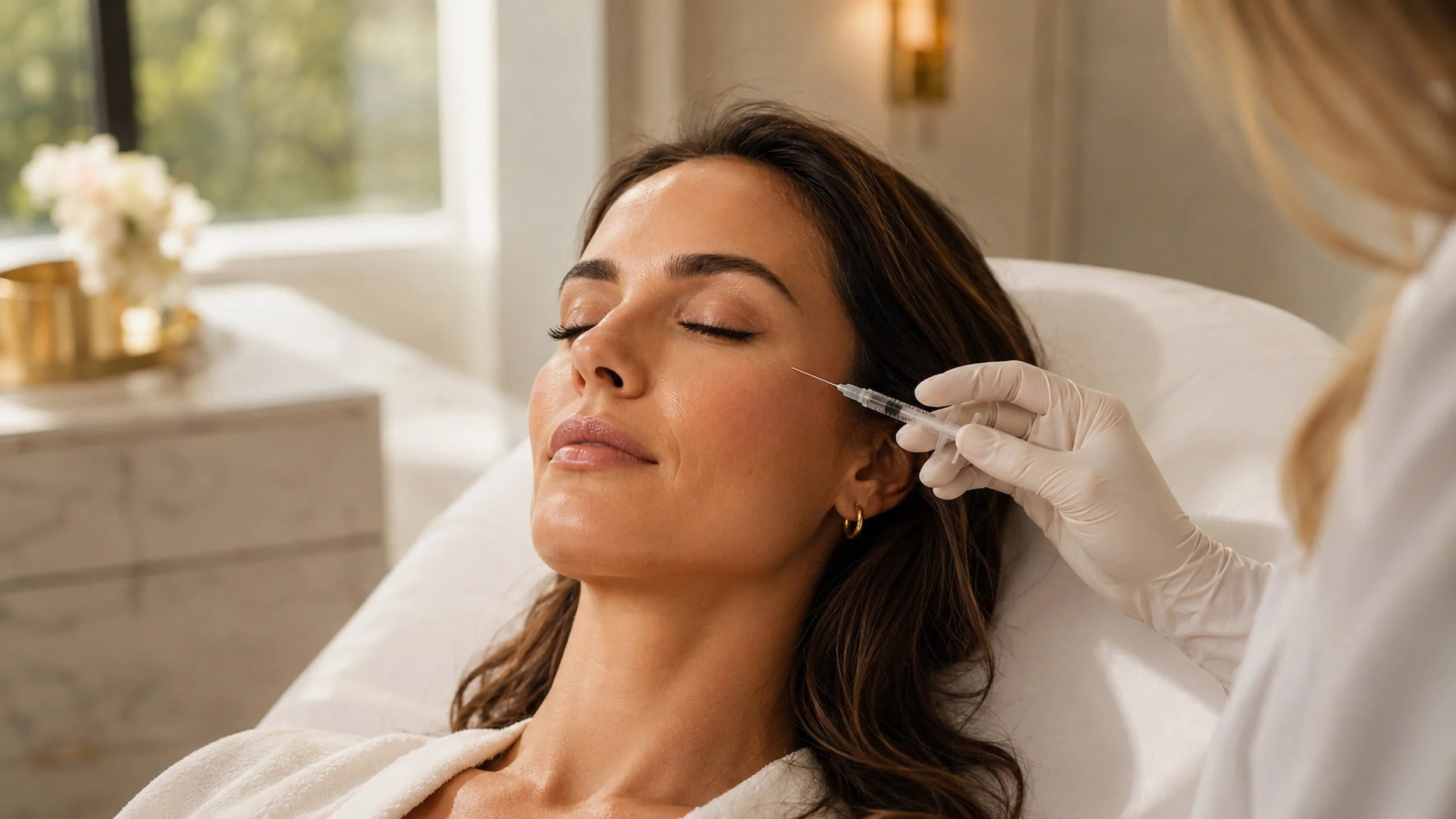 Gloved hand holding a fine syringe beside a relaxed client's face during a medical aesthetics treatment
