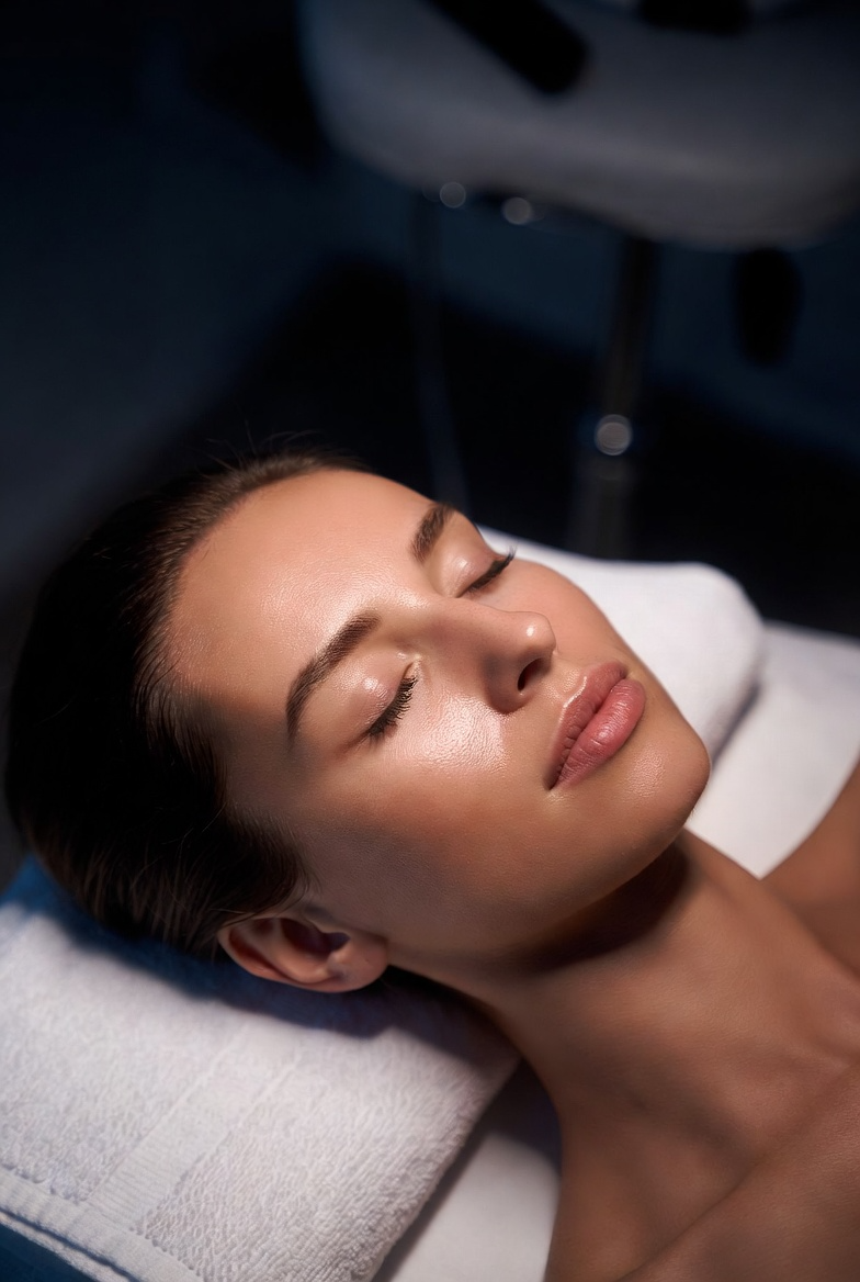 Relaxed woman with smooth, glowing skin after an anti-aging facial in San Diego