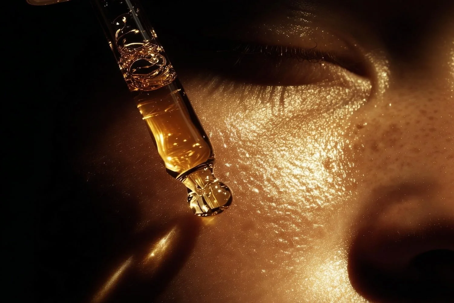 Golden Éminence facial serum in a dropper above glowing skin at a San Diego studio