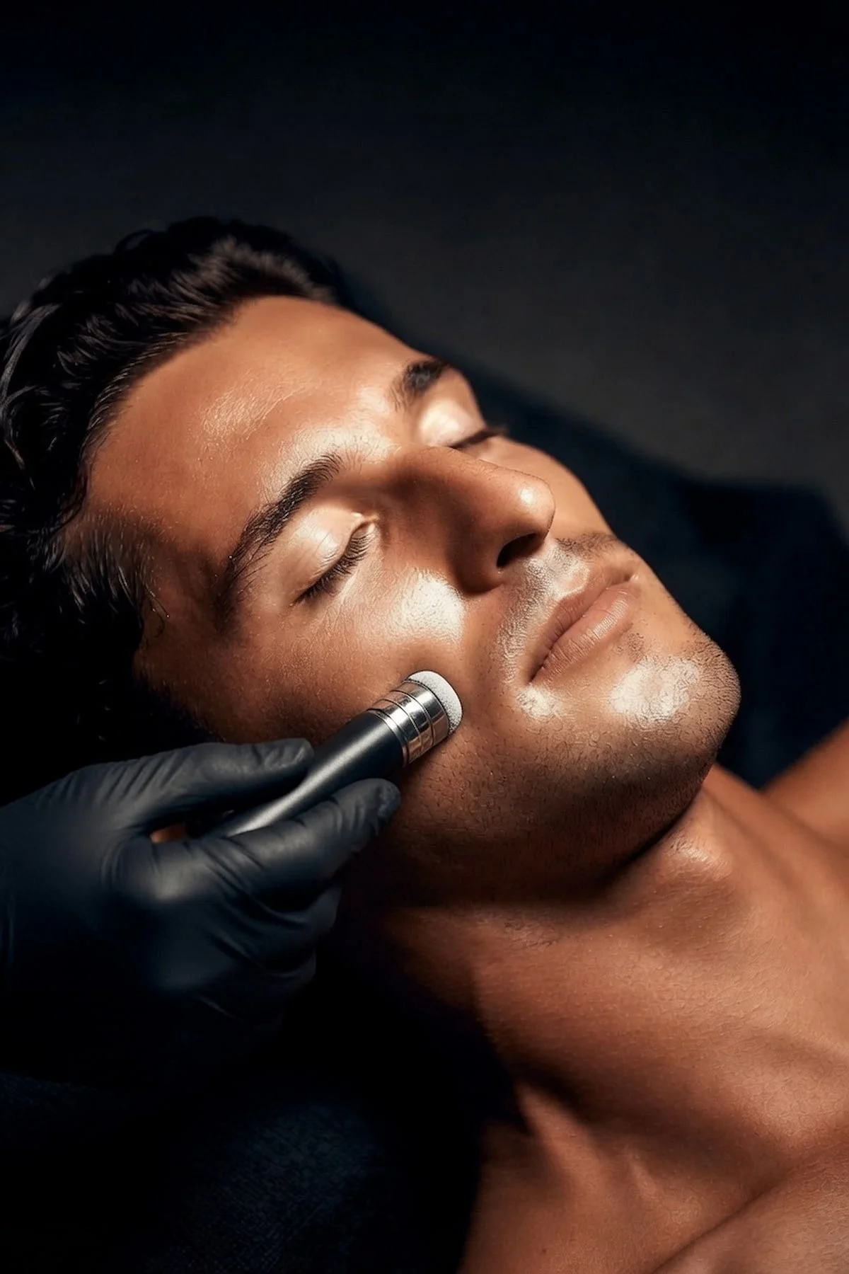 Diamond microdermabrasion wand treating a man's cheek at a San Diego skin studio