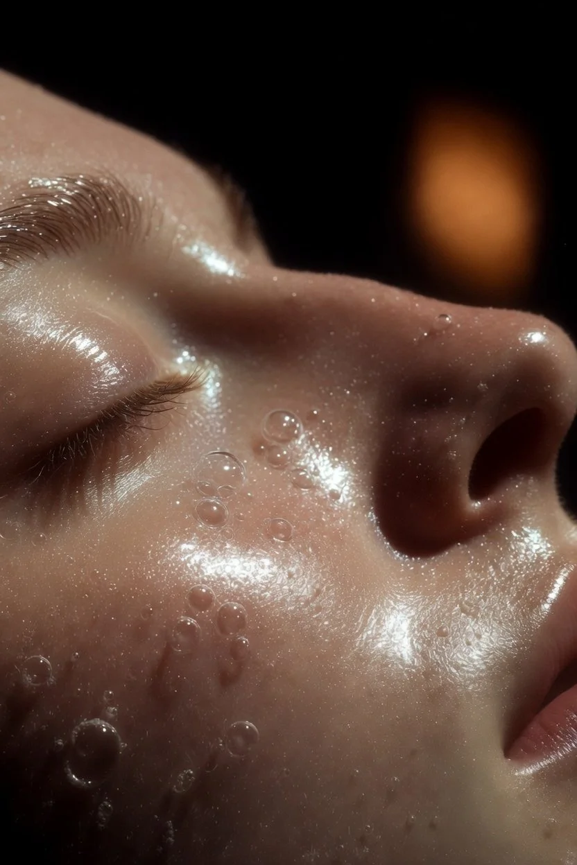 Close-up of dewy skin with water droplets after brightening boosters in San Diego