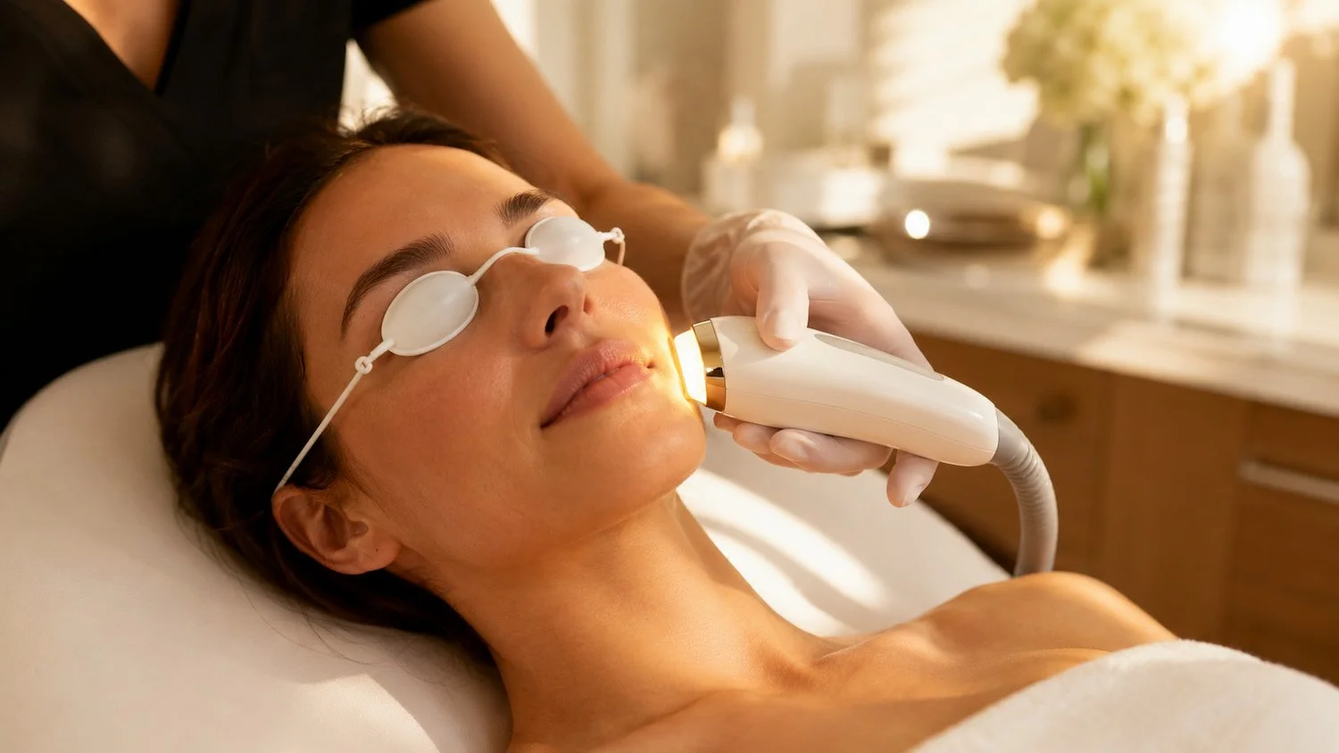 Gloved hand holding a glowing IPL handpiece against a client's cheek during a Lumecca photofacial
