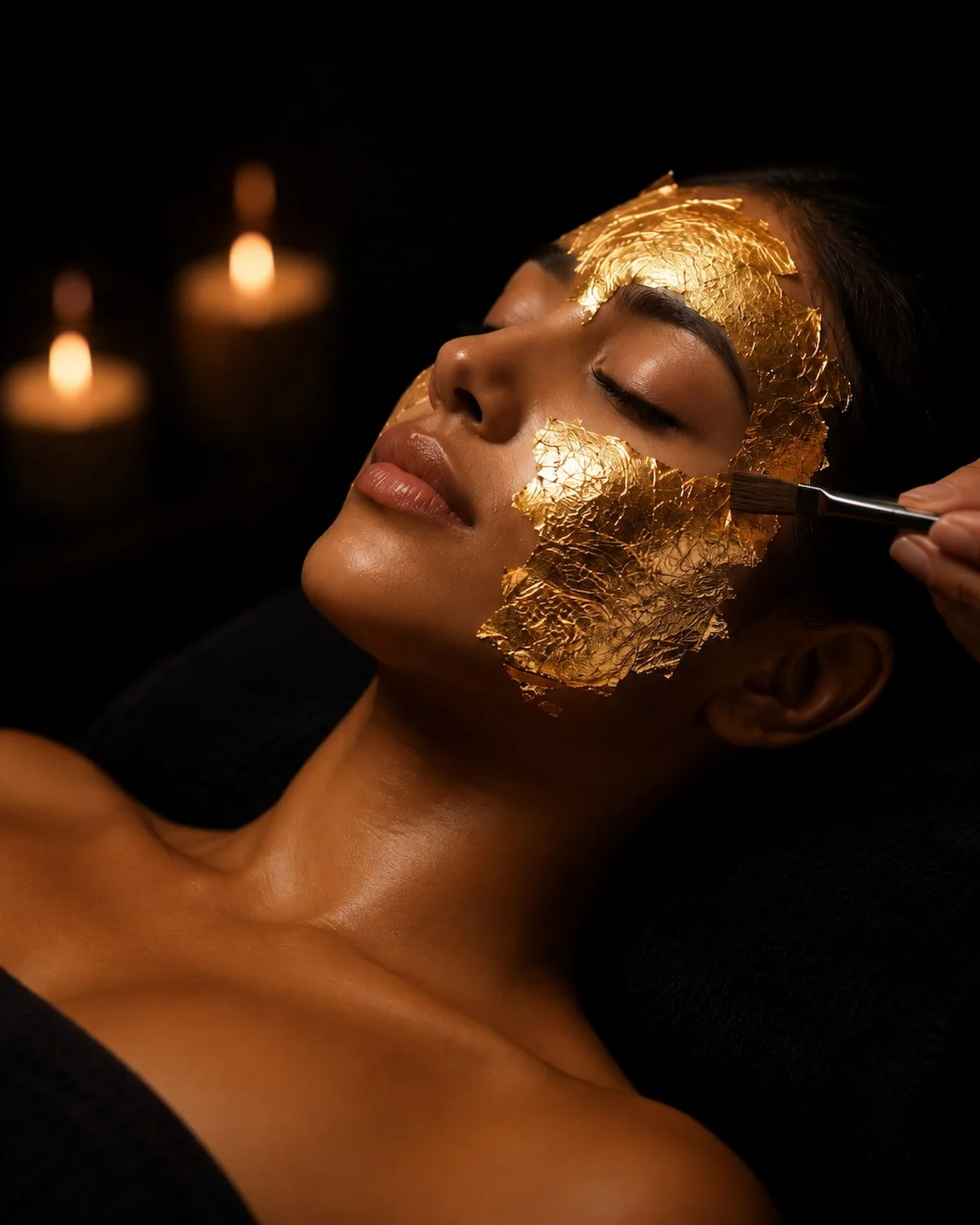 Esthetician applying 24K gold leaf during a Korean luxury facial in San Diego