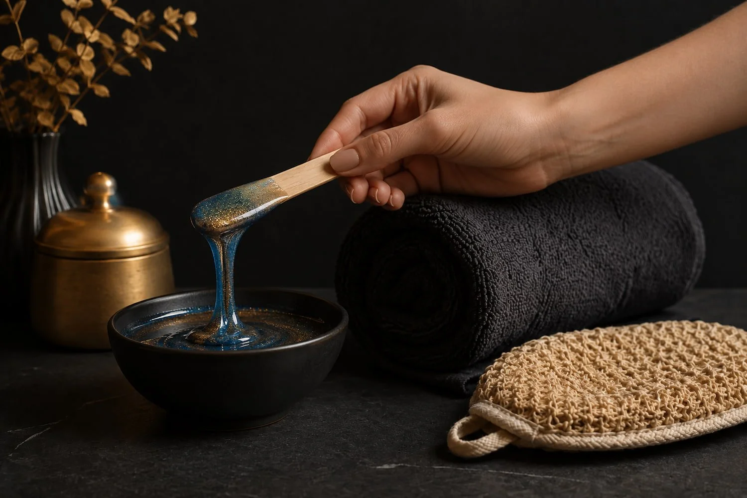Hard wax beads, wooden spatula, and exfoliating mitt on a dark spa surface — preparing for a wax at Conjure Skin Therapies, San Diego