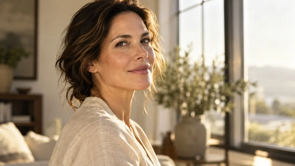 Woman in a linen top smiling over her shoulder by a sunlit window