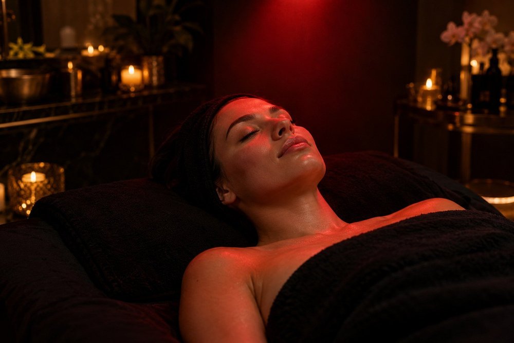 Client relaxing under red light therapy during a facial add-on in San Diego