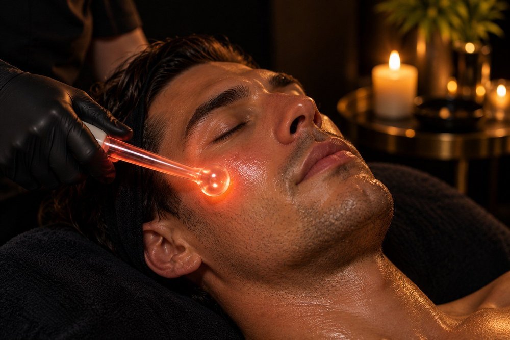 Red light therapy wand glowing on a client’s cheek during a facial add-on in San Diego