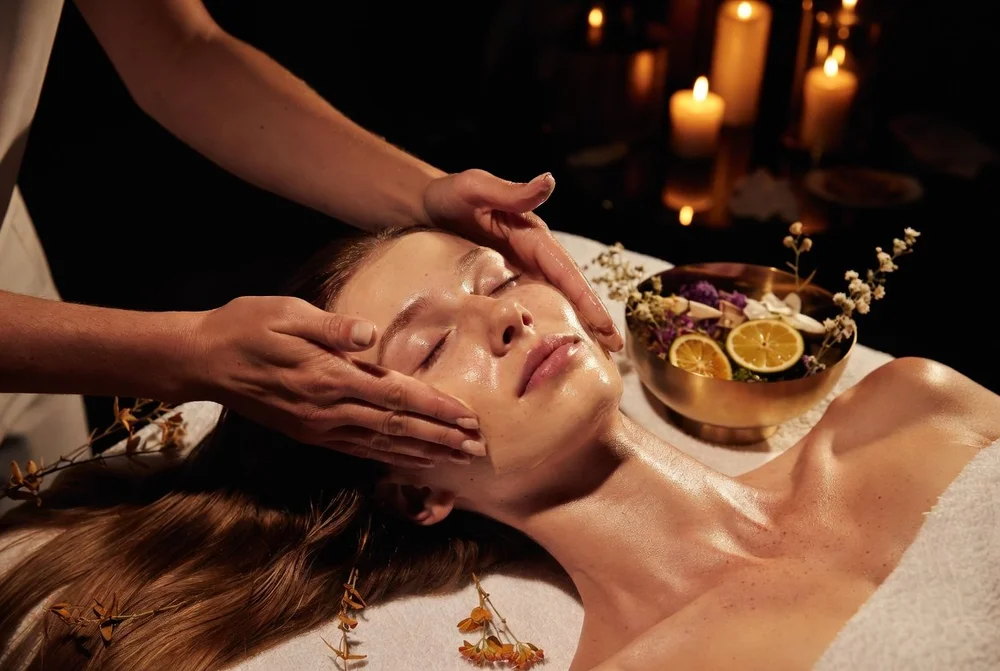 Relaxing facial massage with Éminence products during an organic facial in San Diego