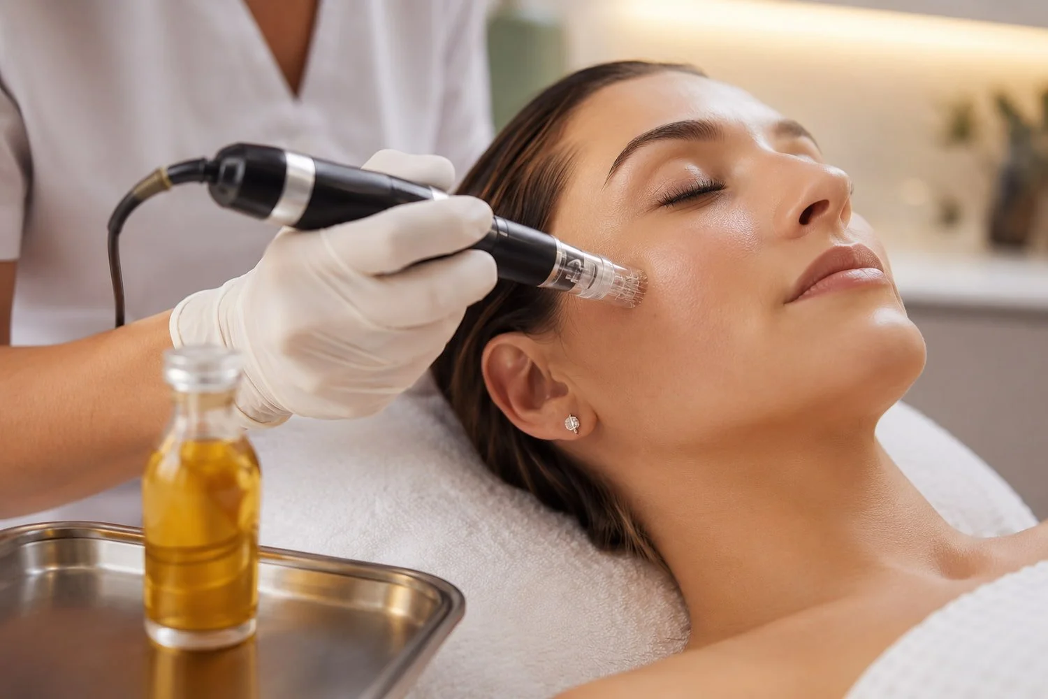 Nurse in gloves guiding a microneedling pen across a relaxed client's cheek beside a small vial of golden plasma in a bright treatment room