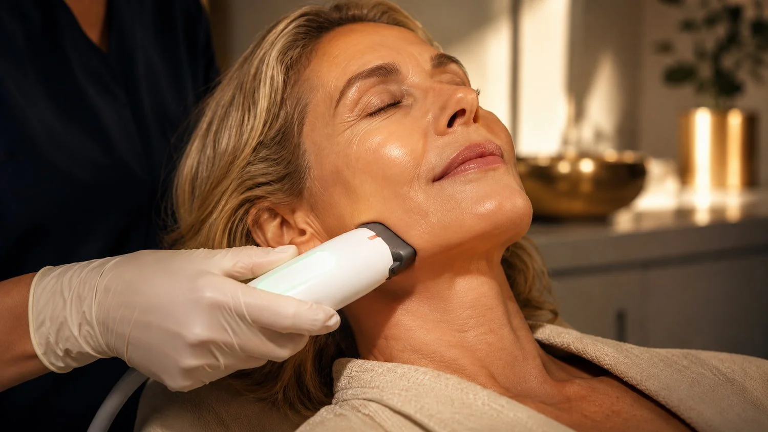 Gloved hand pressing an XERF handpiece with a gold tip against a client's jawline during skin tightening