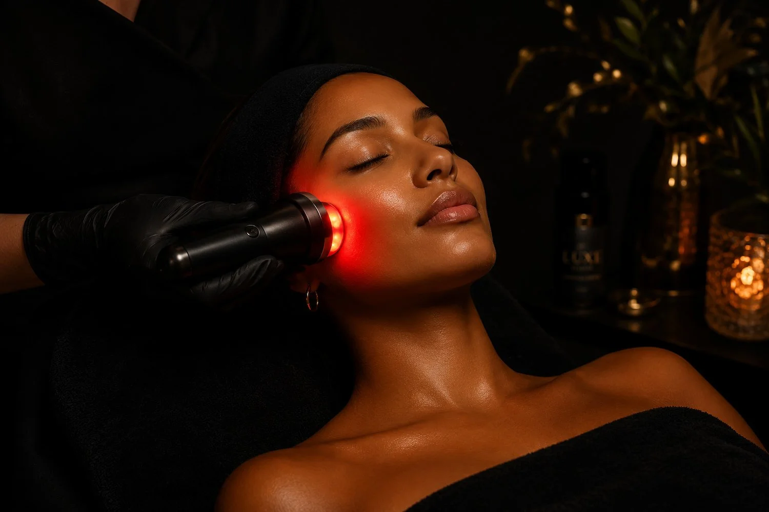 Woman receiving an advanced rejuvenation facial with red light therapy in San Diego
